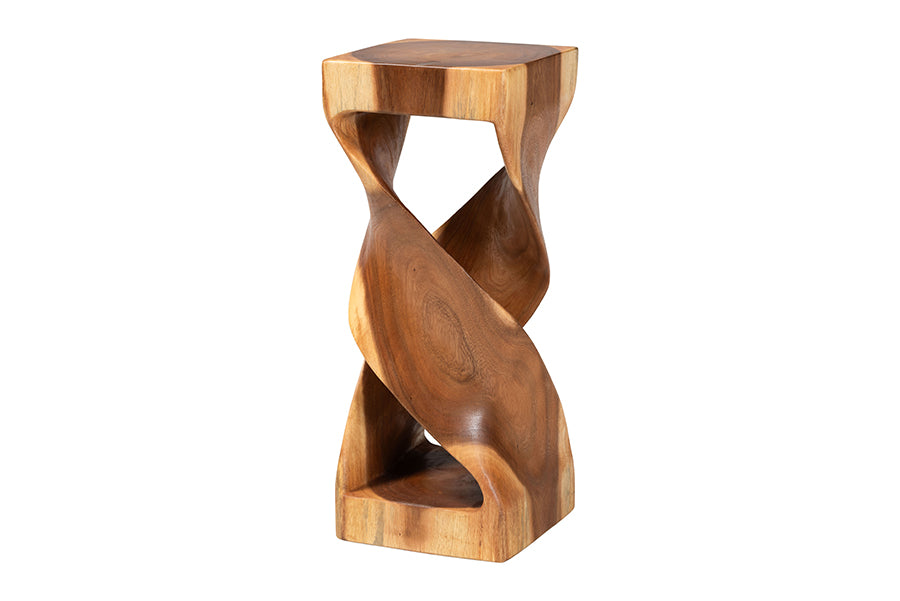 Bali & Pari Rapha Suar Wood Accent Table Hand-Carved Sculptural Pedestal Stand with Twist Design, Modern Boho Side Table