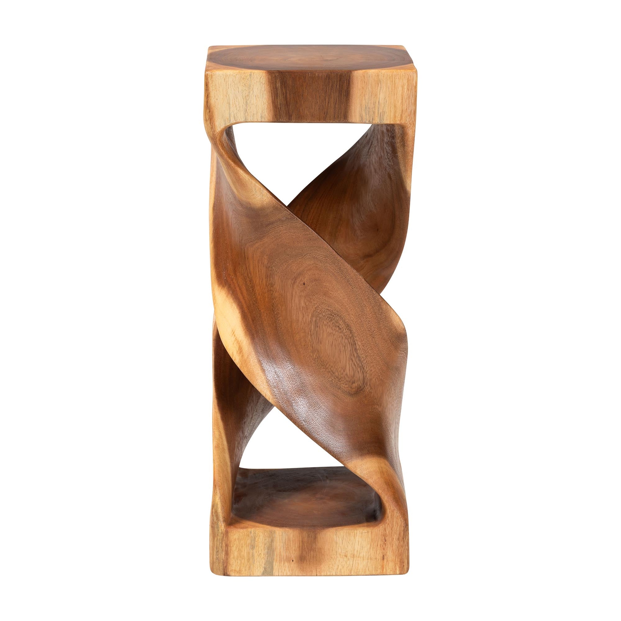Bali & Pari Rapha Suar Wood Accent Table Hand-Carved Sculptural Pedestal Stand with Twist Design, Modern Boho Side Table