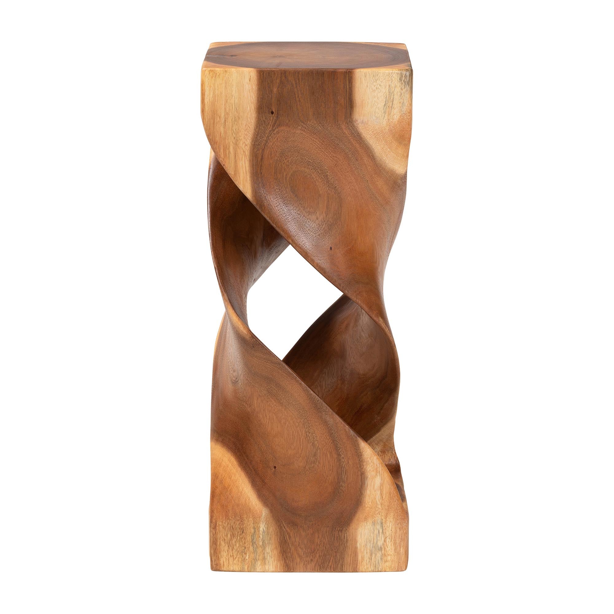 Bali & Pari Rapha Suar Wood Accent Table Hand-Carved Sculptural Pedestal Stand with Twist Design, Modern Boho Side Table