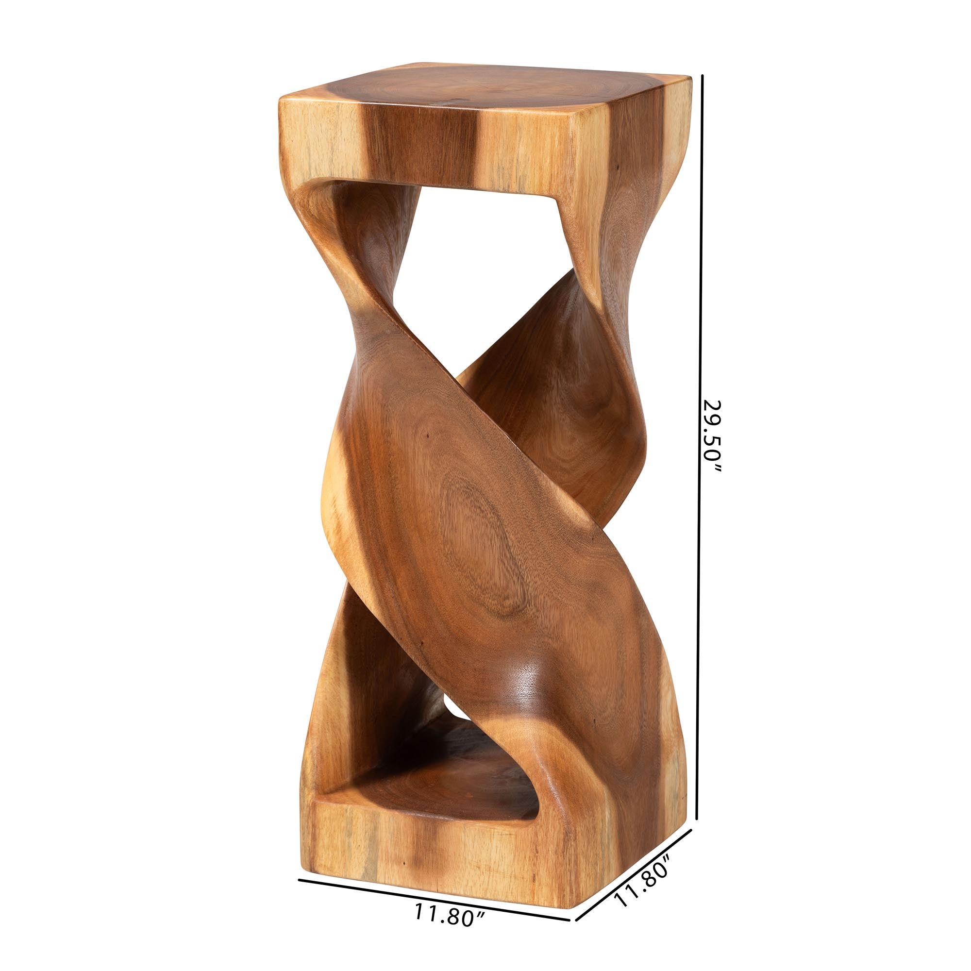 Bali & Pari Rapha Suar Wood Accent Table Hand-Carved Sculptural Pedestal Stand with Twist Design, Modern Boho Side Table