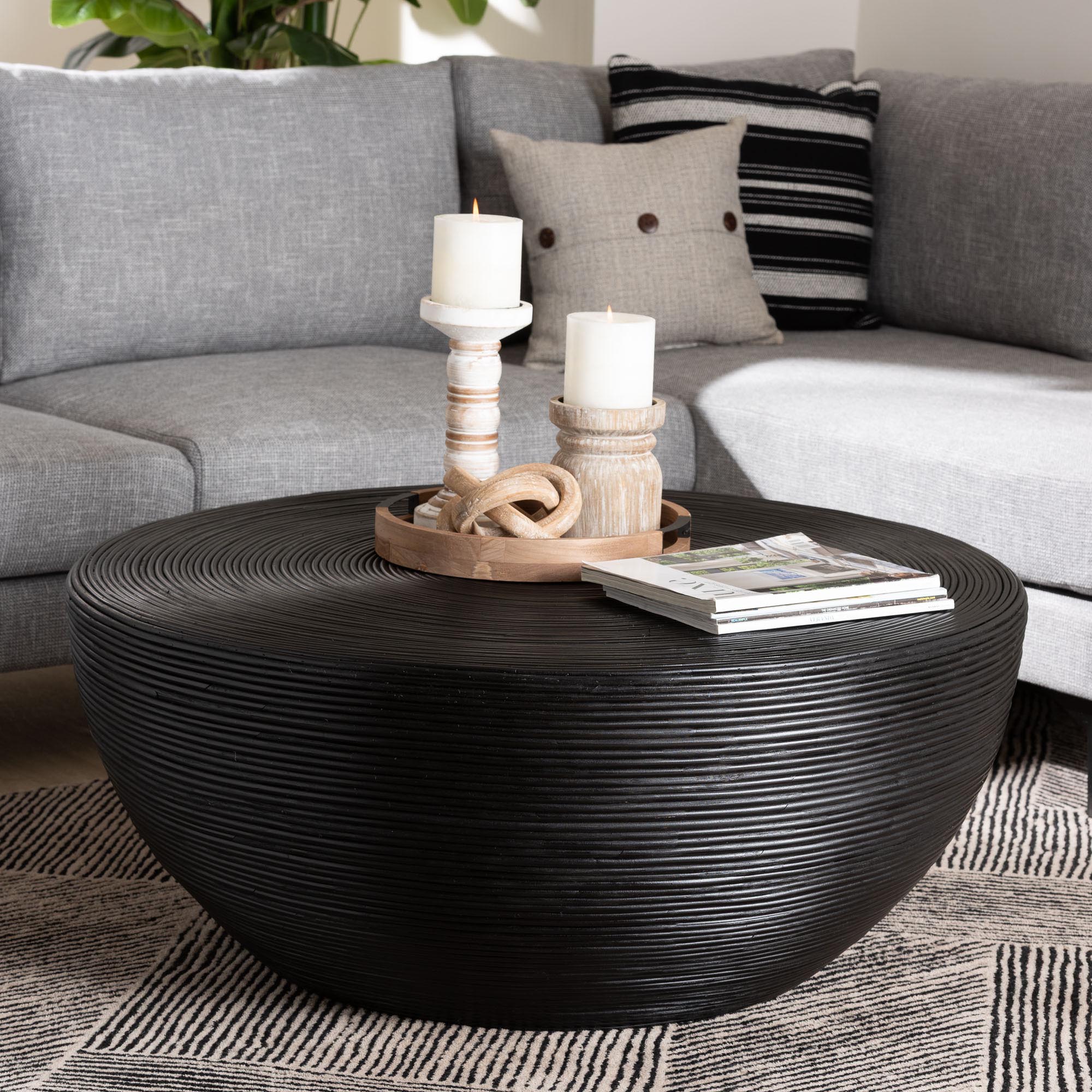 bali & pari Tokyo Laminated Rattan Coffee Table - Handcrafted Bowl-Shaped Center Table for Living Room, Coastal Boho Style Furniture in