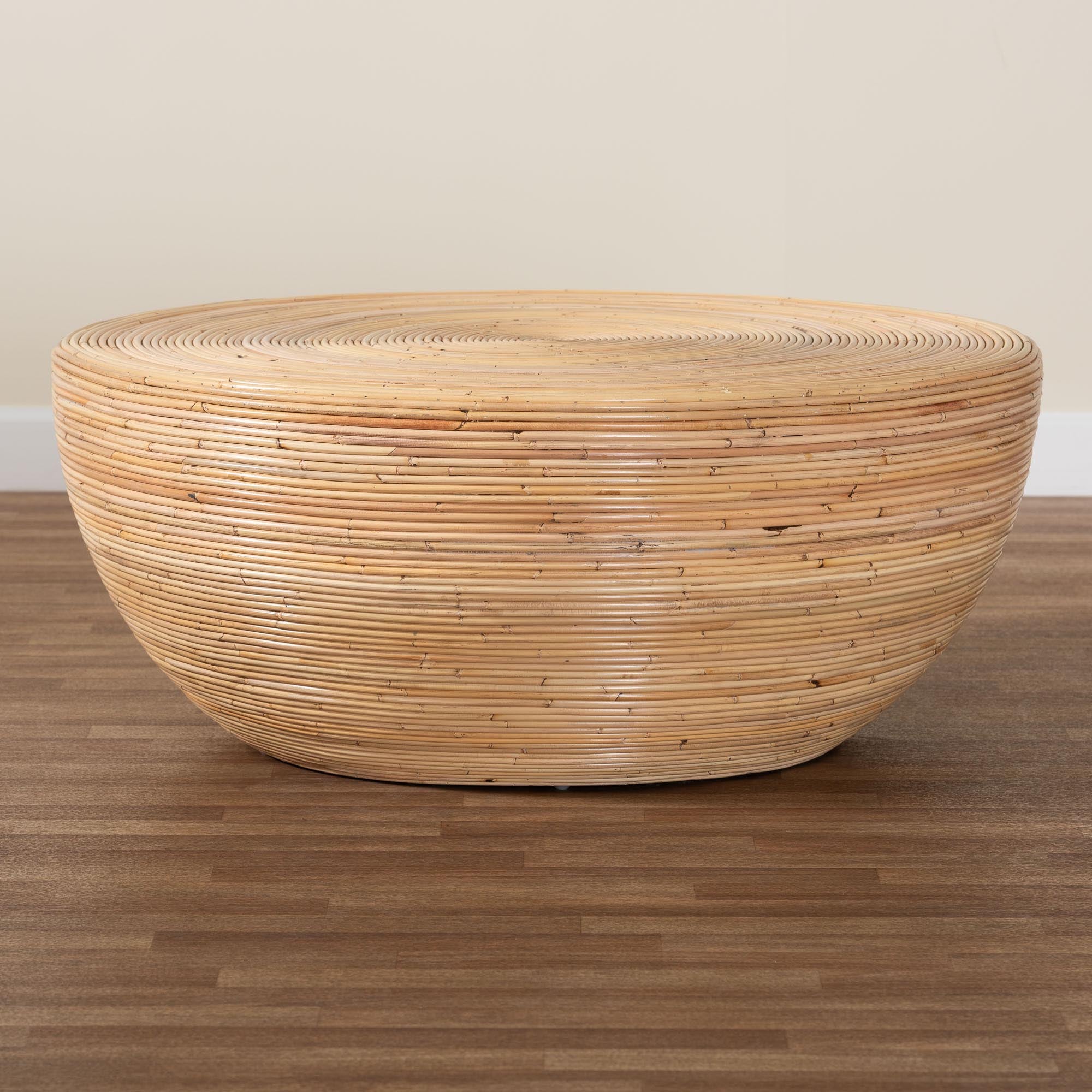 bali & pari Tokyo Laminated Rattan Coffee Table - Handcrafted Bowl-Shaped Center Table for Living Room, Coastal Boho Style Furniture in