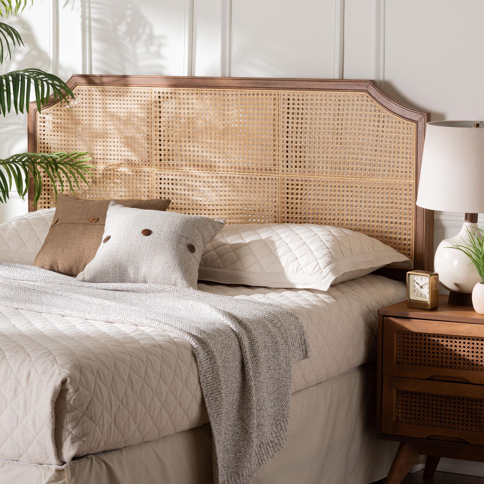 Hermine Bamboo Woven Headboard - Solid Wood Bed Backrest Panel with Curved Top, Boho Coastal Bed Accent,