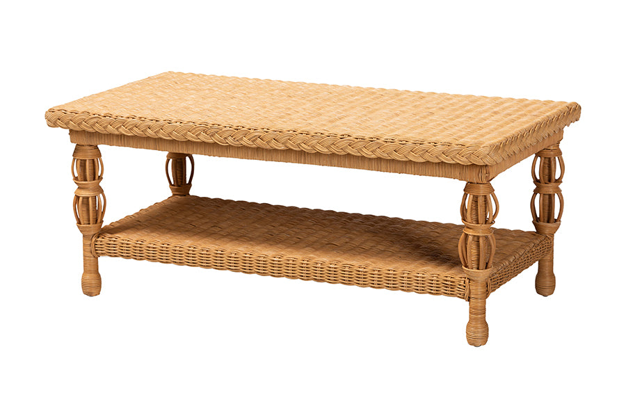 bali & pari Dolby Rattan Coffee Table - Handwoven Wicker Accent Table with Lower Shelf, Coastal Boho Style Living Room Centerpiece