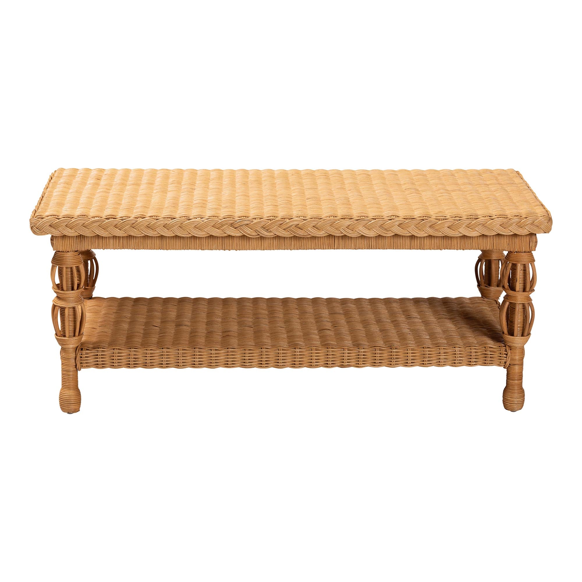 bali & pari Dolby Rattan Coffee Table - Handwoven Wicker Accent Table with Lower Shelf, Coastal Boho Style Living Room Centerpiece