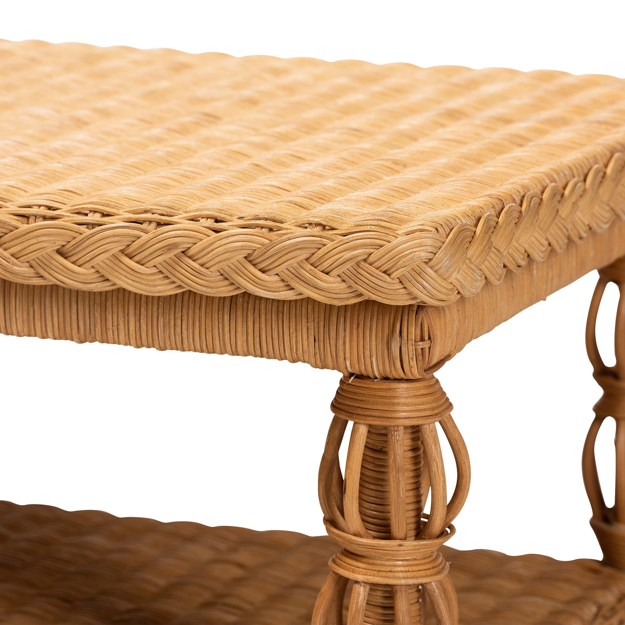 bali & pari Dolby Rattan Coffee Table - Handwoven Wicker Accent Table with Lower Shelf, Coastal Boho Style Living Room Centerpiece