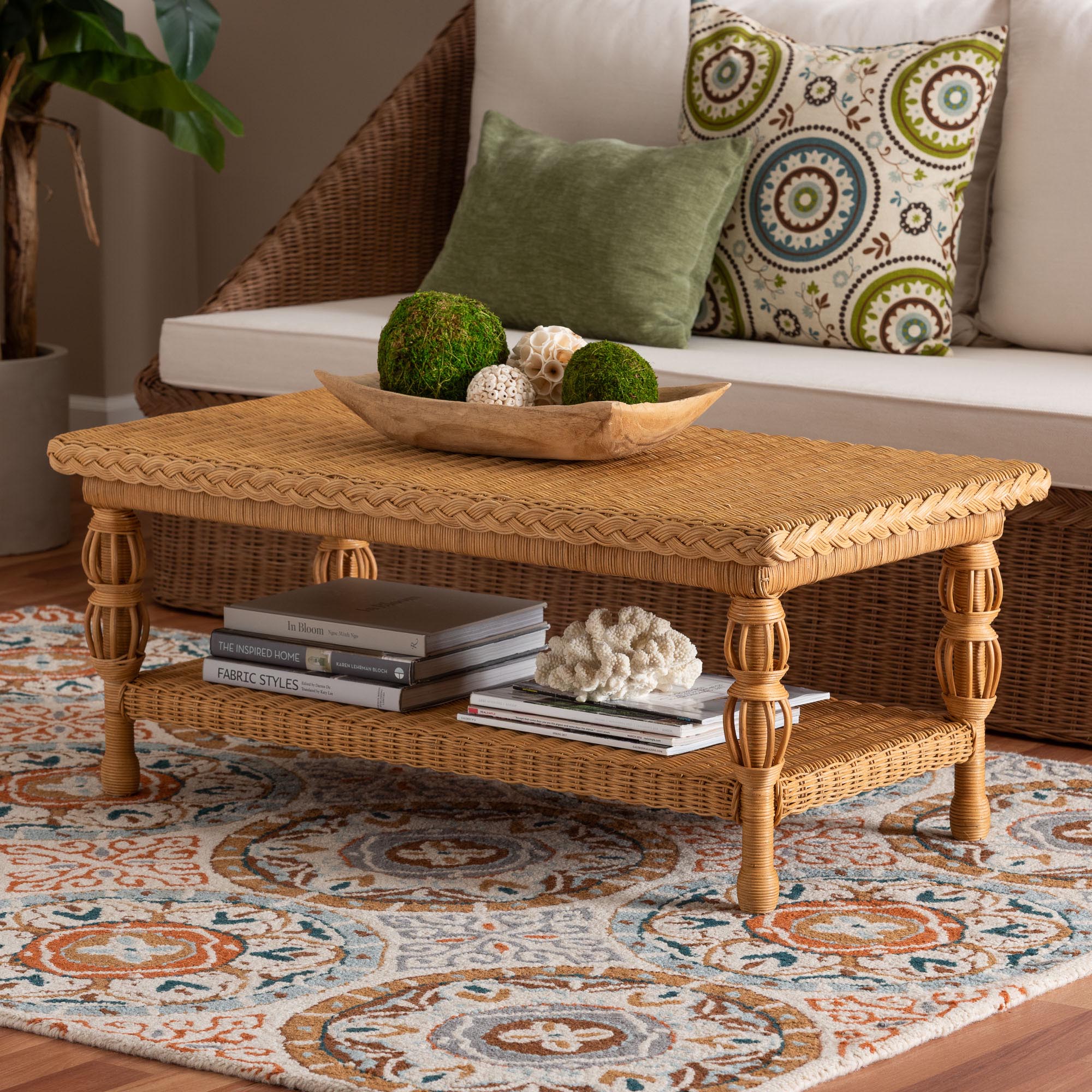 bali & pari Dolby Rattan Coffee Table - Handwoven Wicker Accent Table with Lower Shelf, Coastal Boho Style Living Room Centerpiece