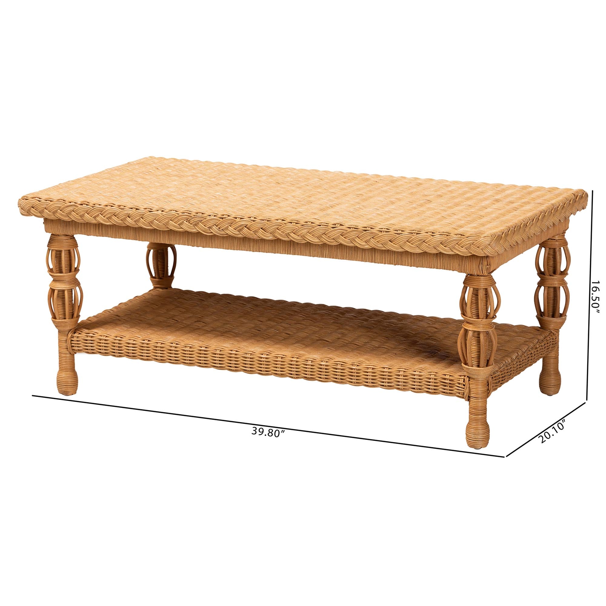 bali & pari Dolby Rattan Coffee Table - Handwoven Wicker Accent Table with Lower Shelf, Coastal Boho Style Living Room Centerpiece