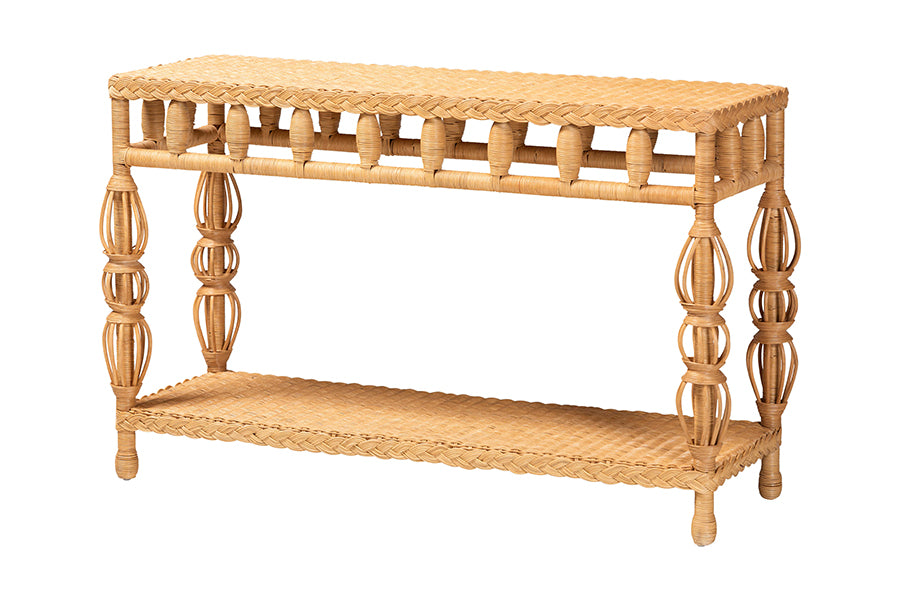 bali & pari Dolby Rattan Console Table - Handwoven Wicker Accent Table with Openwork Design and Lower Shelf, Coastal Boho Style for Entryway or Living Room