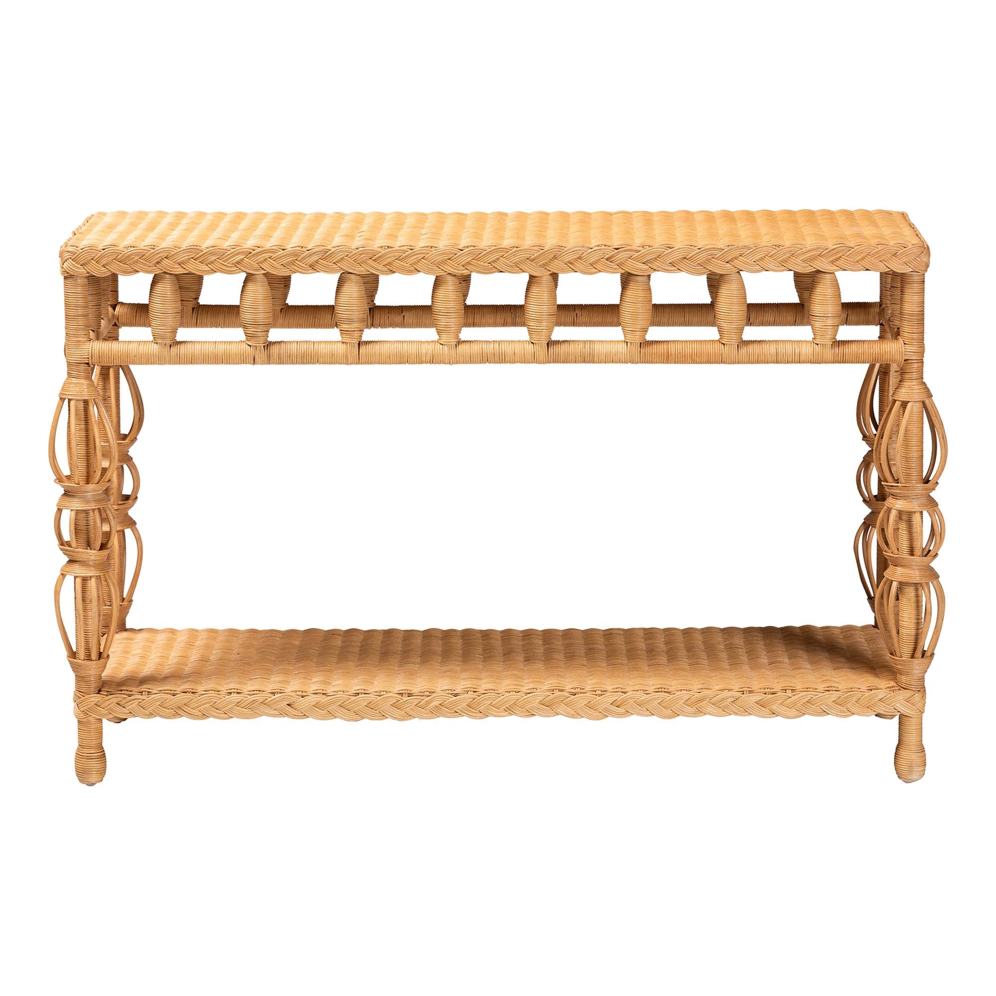 bali & pari Dolby Rattan Console Table - Handwoven Wicker Accent Table with Openwork Design and Lower Shelf, Coastal Boho Style for Entryway or Living Room