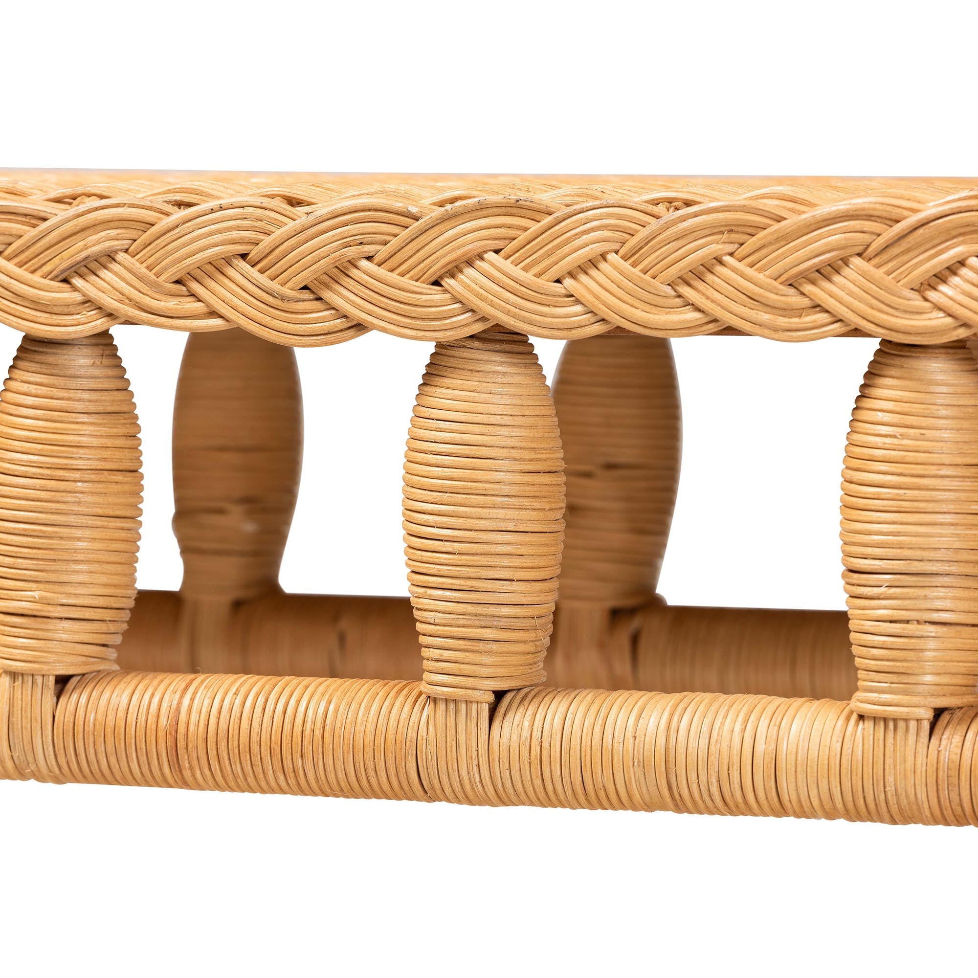 bali & pari Dolby Rattan Console Table - Handwoven Wicker Accent Table with Openwork Design and Lower Shelf, Coastal Boho Style for Entryway or Living Room