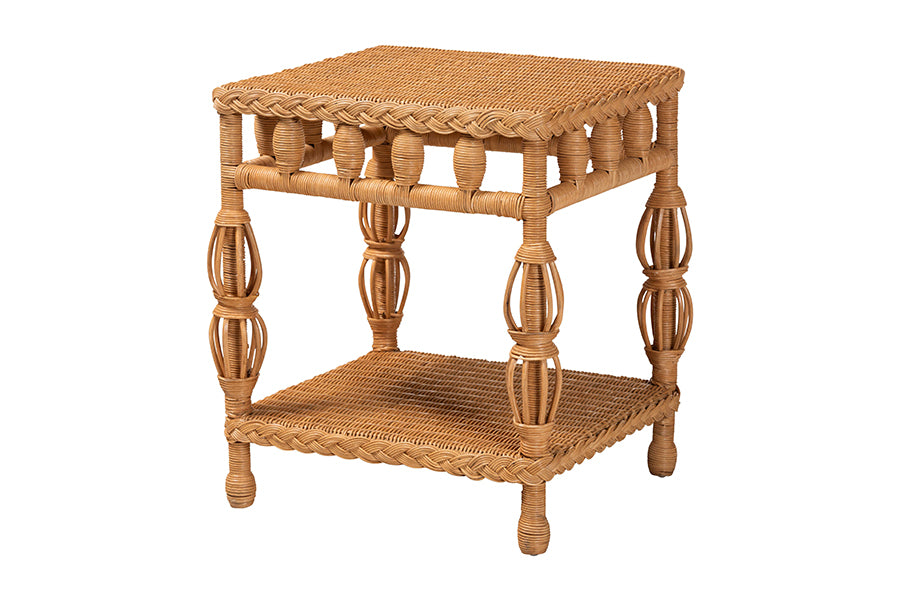 bali & pari Dolby Rattan End Table - Handwoven Wicker Side Table with Lower Shelf, Coastal Boho Style Accent Table for Living Room or Bedroom