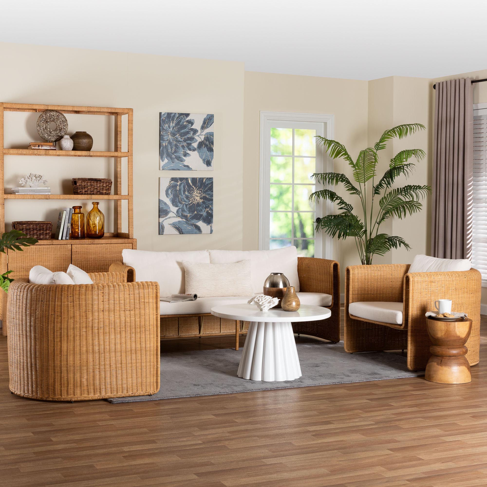 bali & pari Carina Rattan 3-Piece Living Room Set - Lounge Sofa and Armchairs with Handwoven U-Shaped Design for Boho, Coastal, or Tropical Interiors