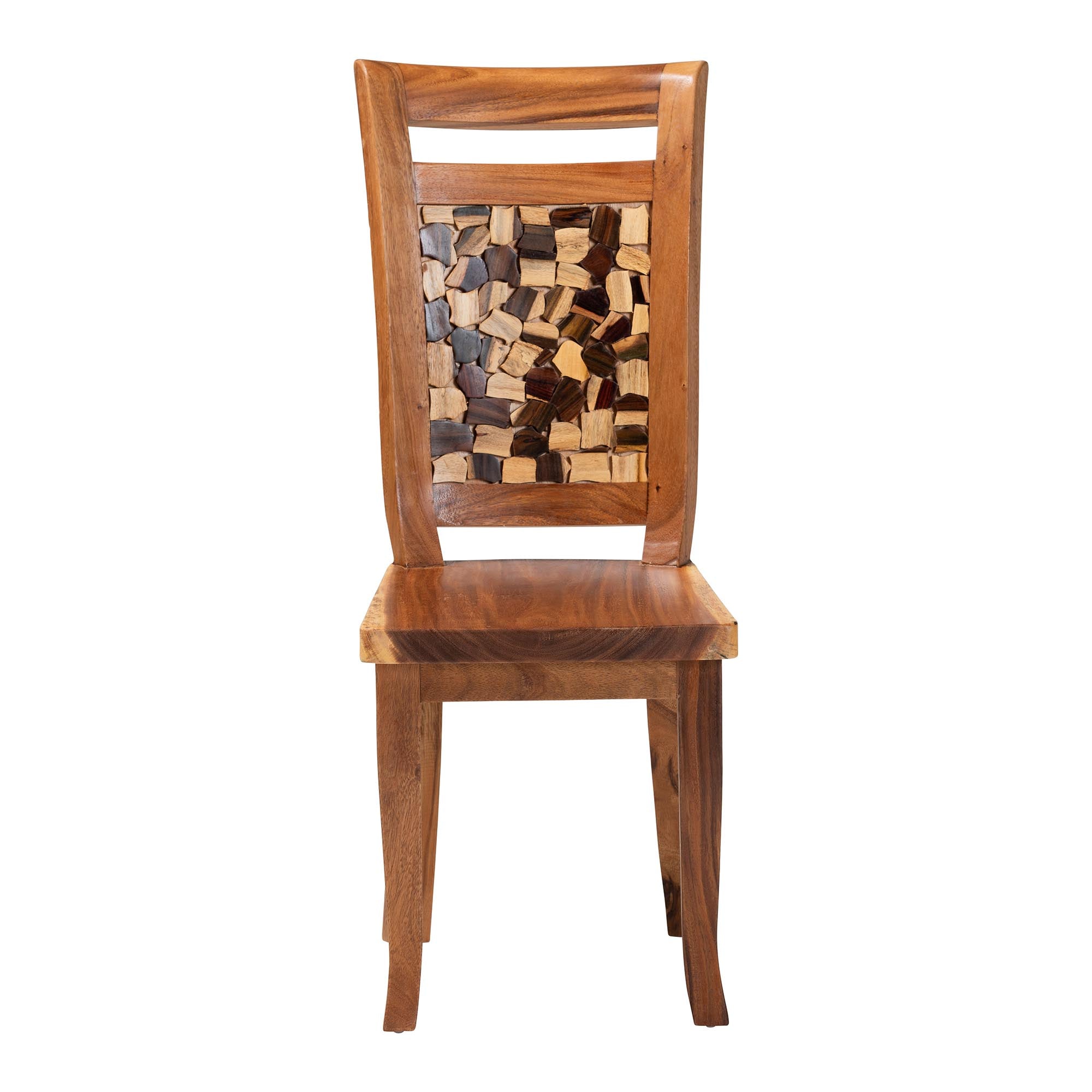 bali & pari Luan Suar Wood Dining Chair - Handcrafted Solid Wood Seat with Mosaic Backrest Inlay, Rustic Modern Accent Chair for Kitchen or Dining Room