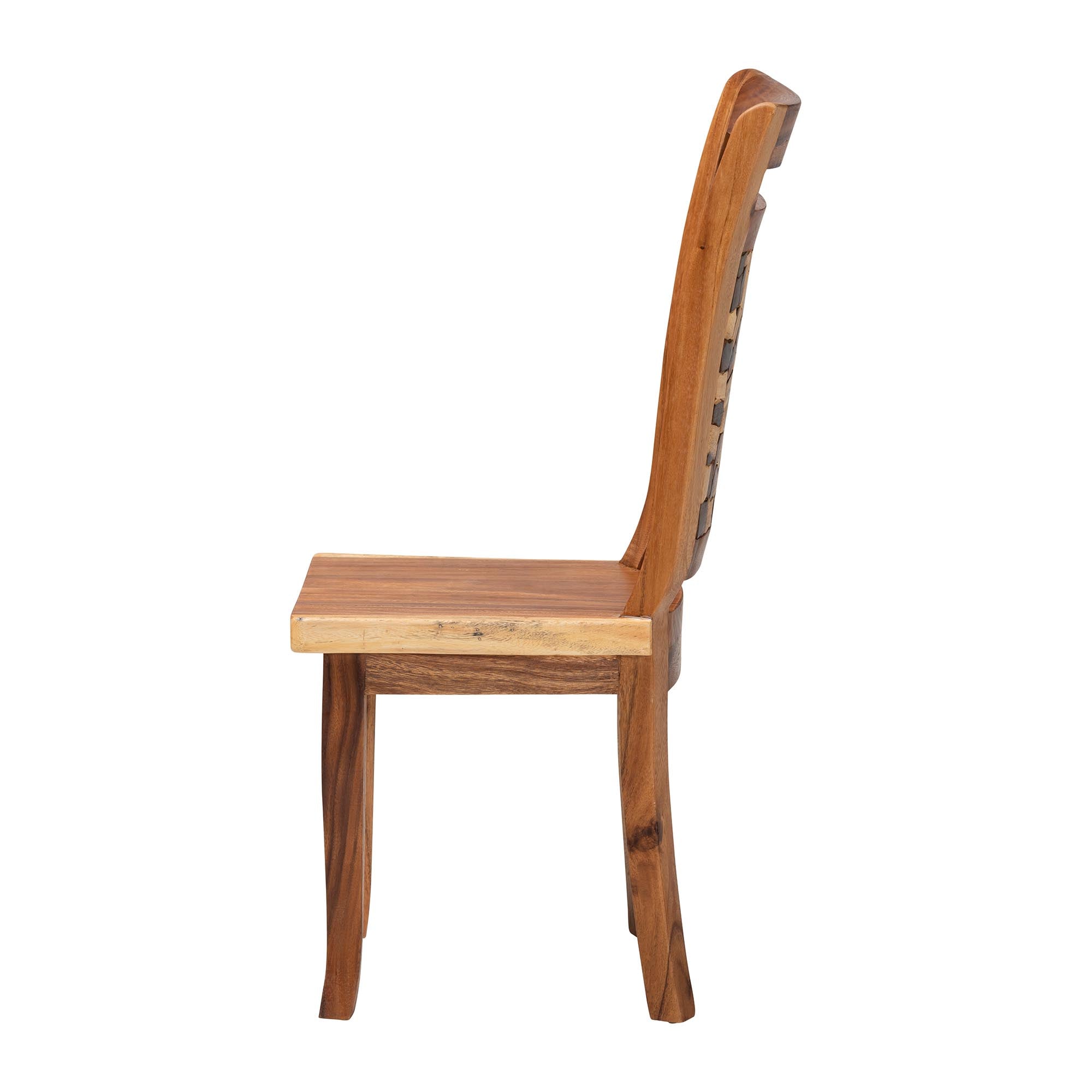 bali & pari Luan Suar Wood Dining Chair - Handcrafted Solid Wood Seat with Mosaic Backrest Inlay, Rustic Modern Accent Chair for Kitchen or Dining Room