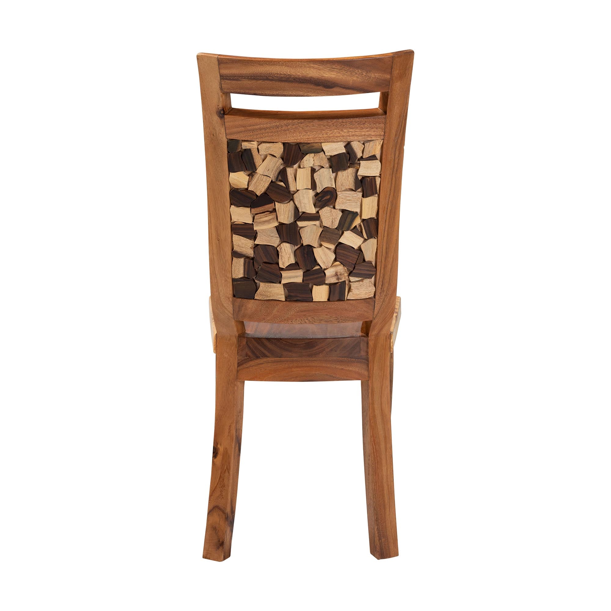 bali & pari Luan Suar Wood Dining Chair - Handcrafted Solid Wood Seat with Mosaic Backrest Inlay, Rustic Modern Accent Chair for Kitchen or Dining Room