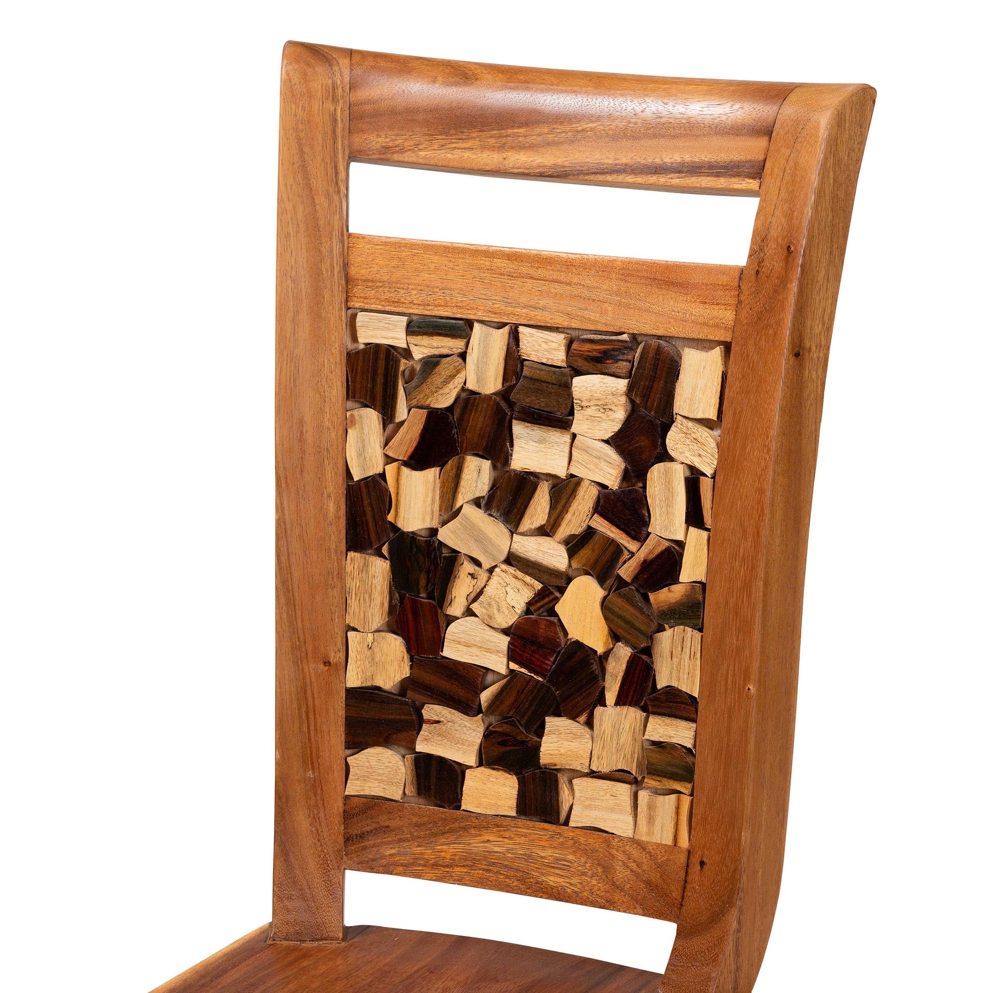 bali & pari Luan Suar Wood Dining Chair - Handcrafted Solid Wood Seat with Mosaic Backrest Inlay, Rustic Modern Accent Chair for Kitchen or Dining Room