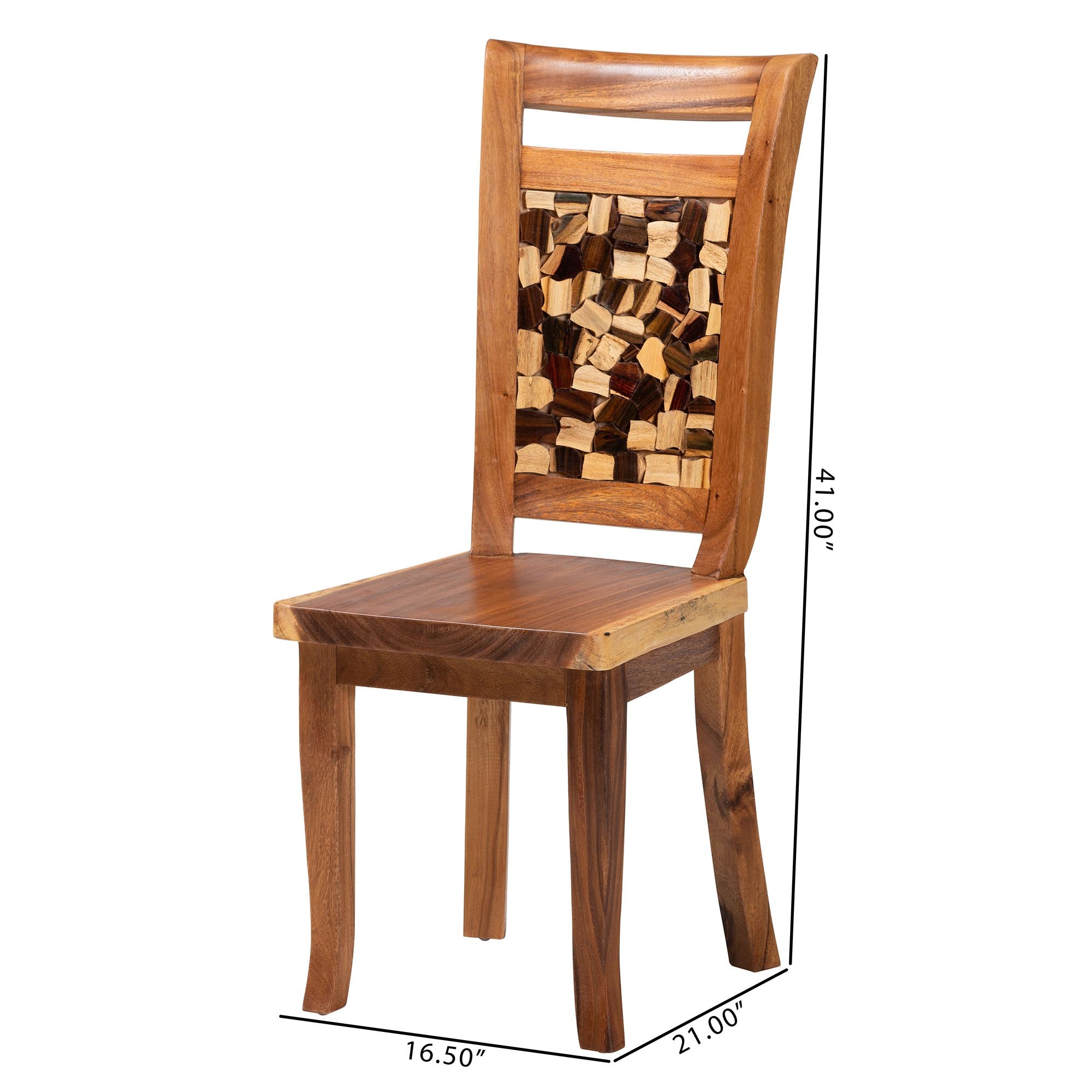 bali & pari Luan Suar Wood Dining Chair - Handcrafted Solid Wood Seat with Mosaic Backrest Inlay, Rustic Modern Accent Chair for Kitchen or Dining Room