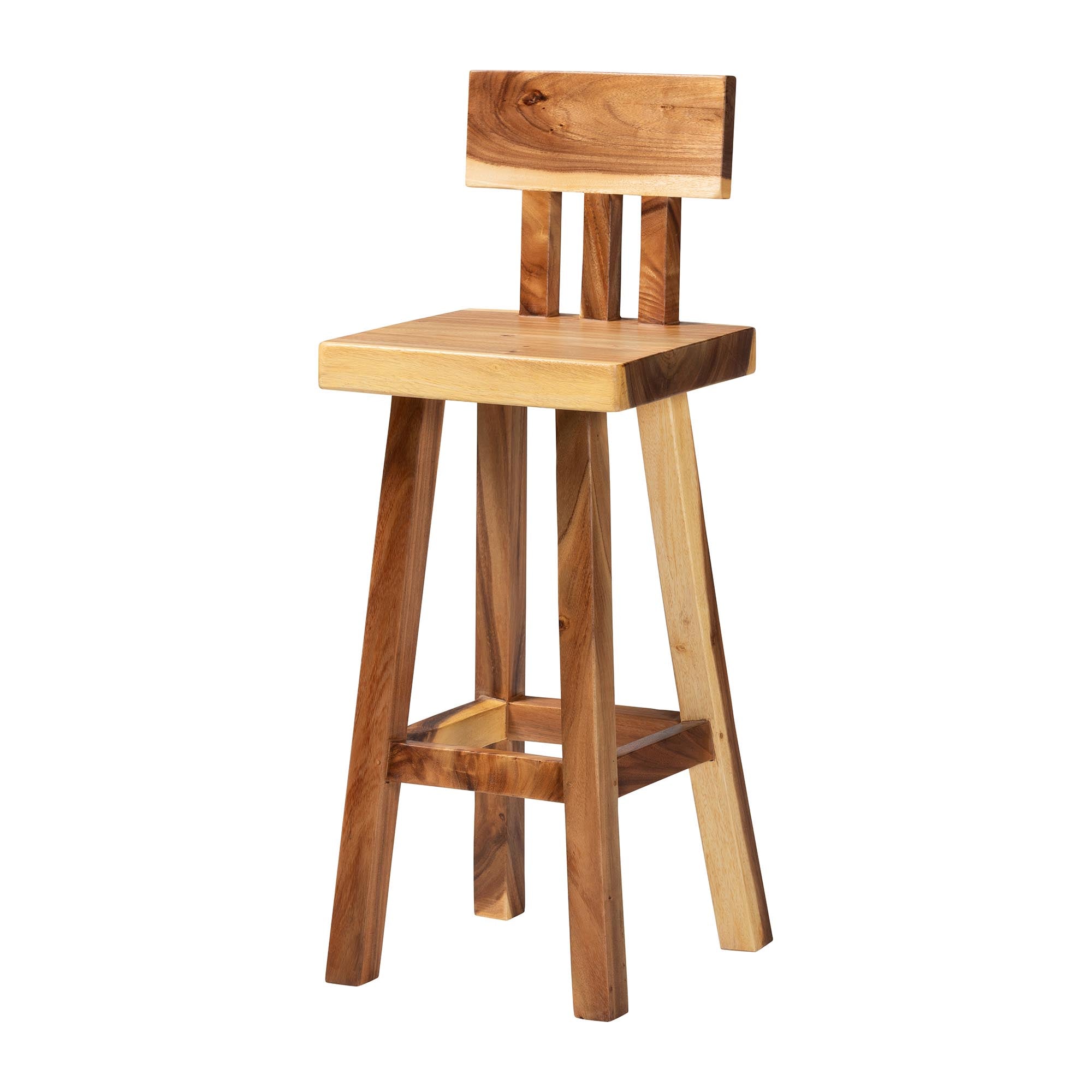 bali & pari Luli Suar Wood Bar Stool - Handcrafted Solid Wood Stool with Backrest, Rustic Modern Seating for Kitchen or Bar Area