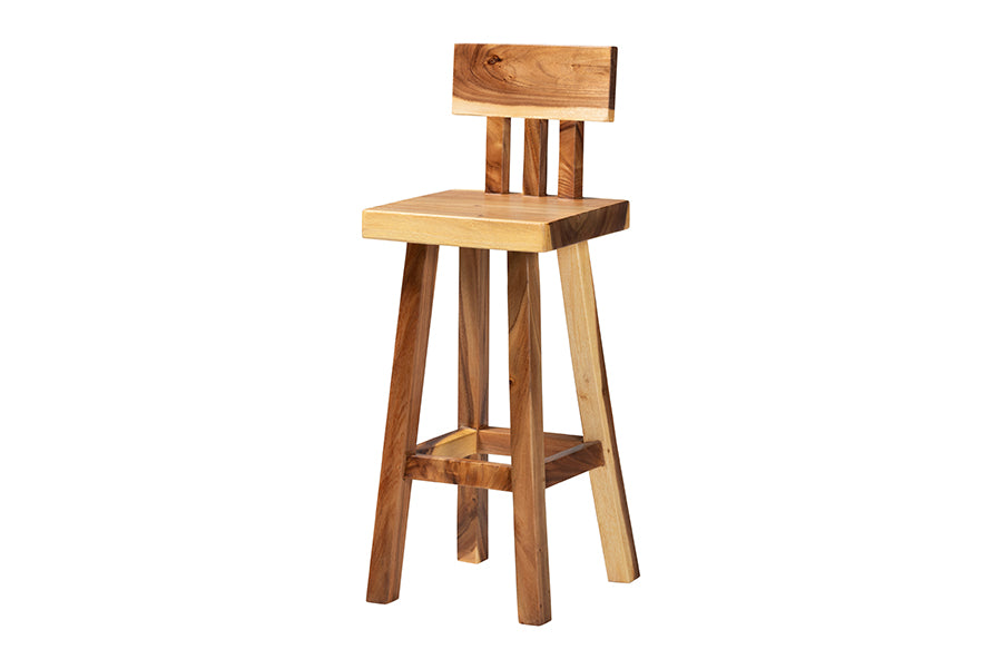 bali & pari Luli Suar Wood Bar Stool - Handcrafted Solid Wood Stool with Backrest, Rustic Modern Seating for Kitchen or Bar Area