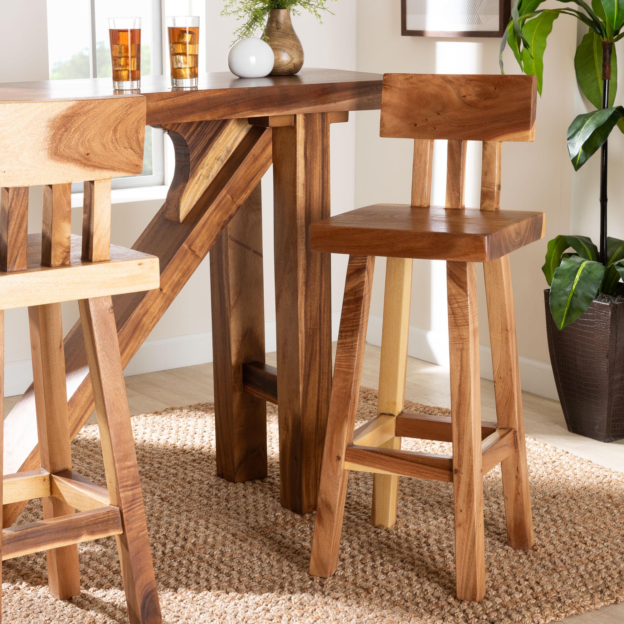 bali & pari Luli Suar Wood Bar Stool - Handcrafted Solid Wood Stool with Backrest, Rustic Modern Seating for Kitchen or Bar Area