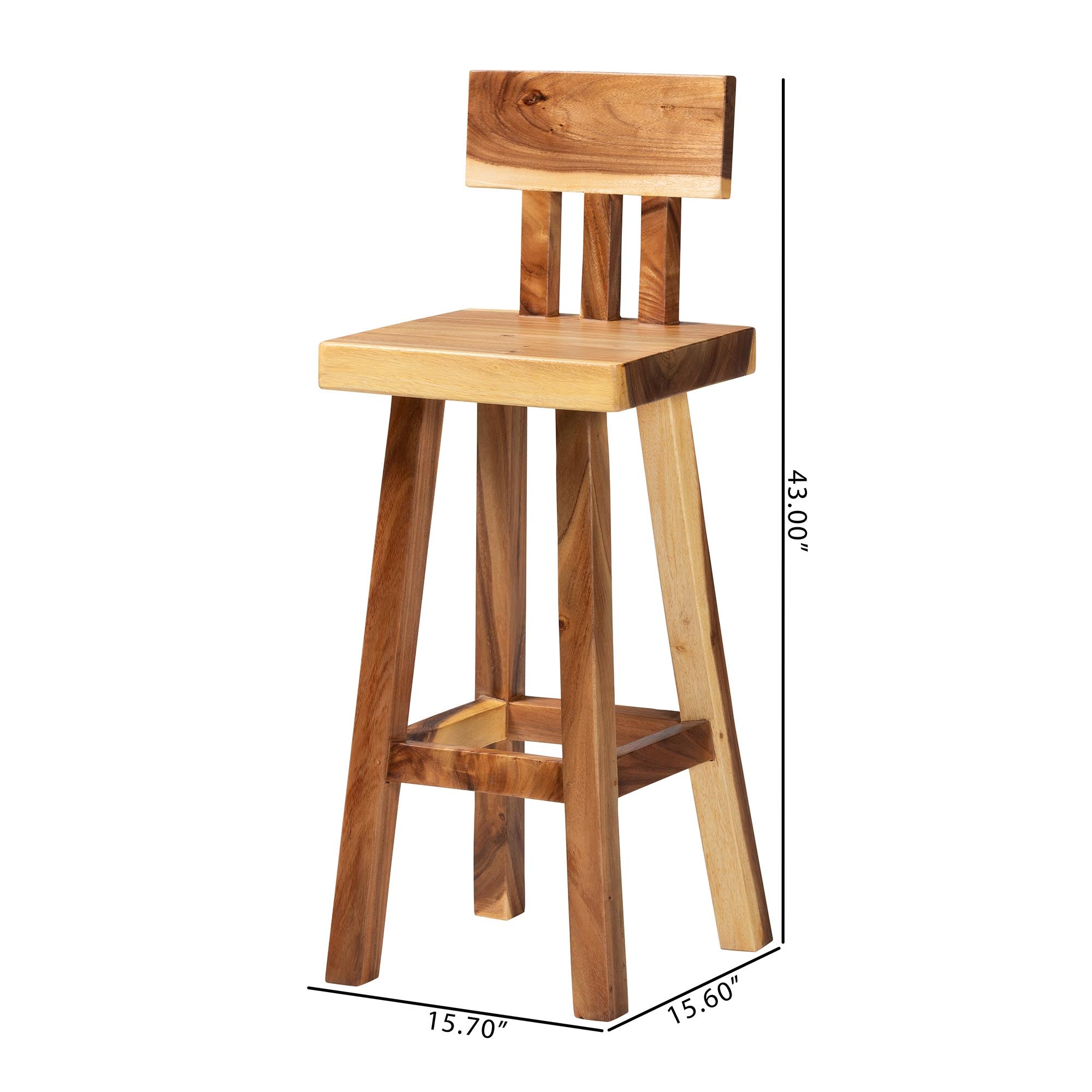 bali & pari Luli Suar Wood Bar Stool - Handcrafted Solid Wood Stool with Backrest, Rustic Modern Seating for Kitchen or Bar Area