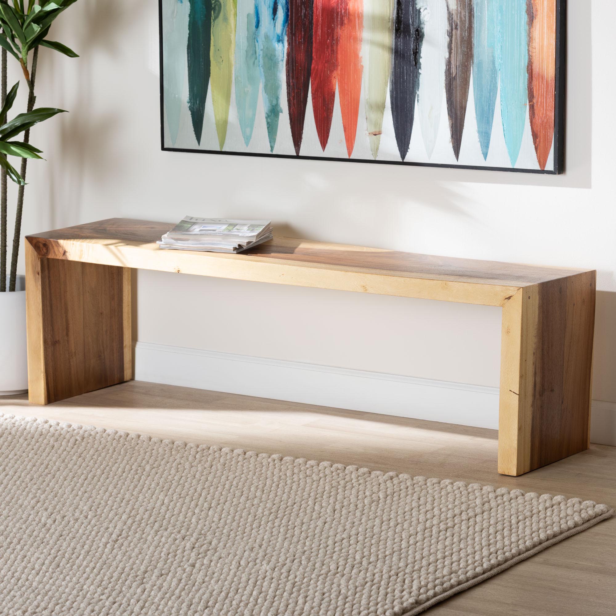 bali & pari Bai Solid Suar Wood Accent Bench - Modern Rustic Wood Seating for Entryway, Dining, or Living Room