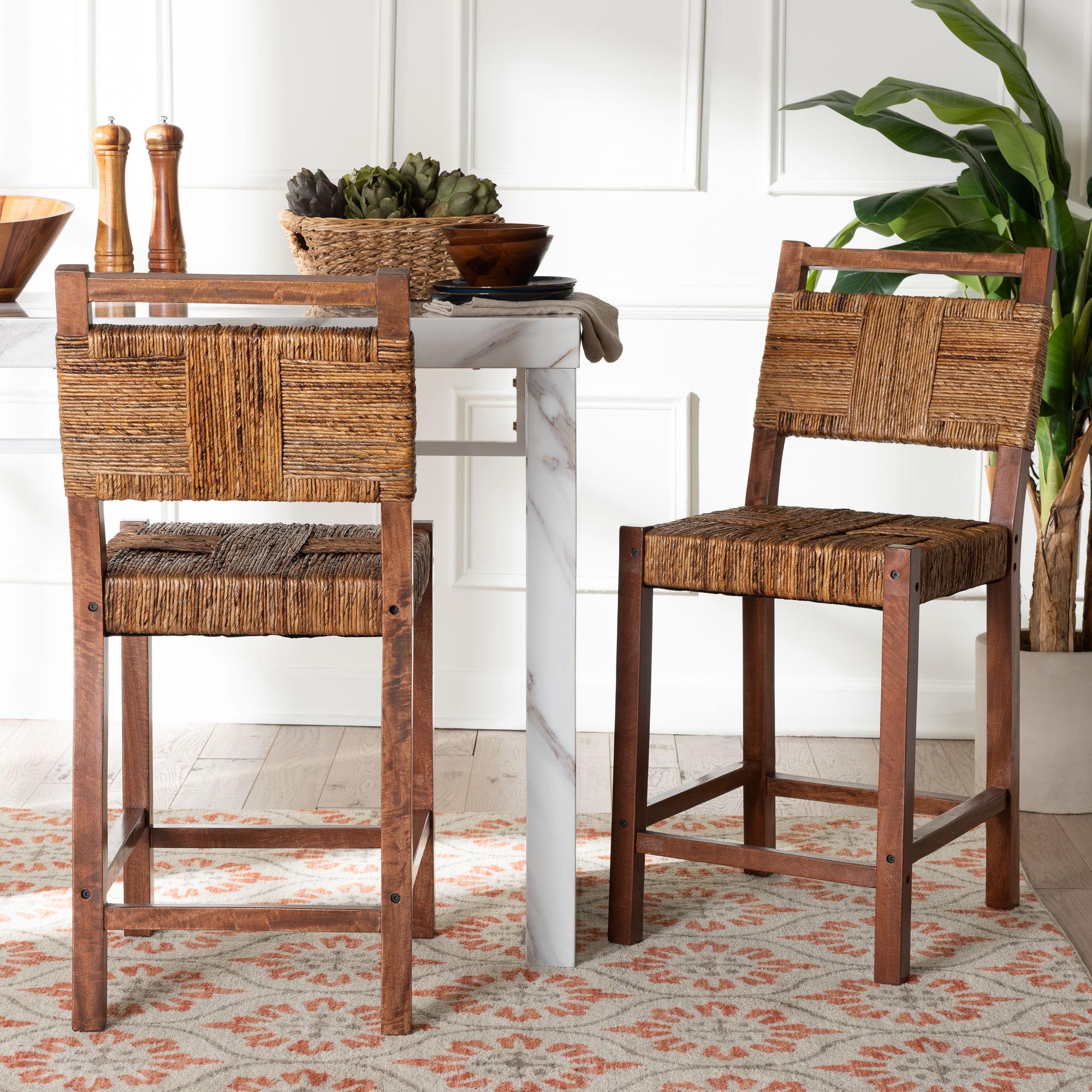 bali & pari Chabela Seagrass Counter Stool Set of 2 - Solid Mango Wood Frame with Woven Seat and Backrest, Rustic Boho Style Dining or Kitchen Island Seating,
