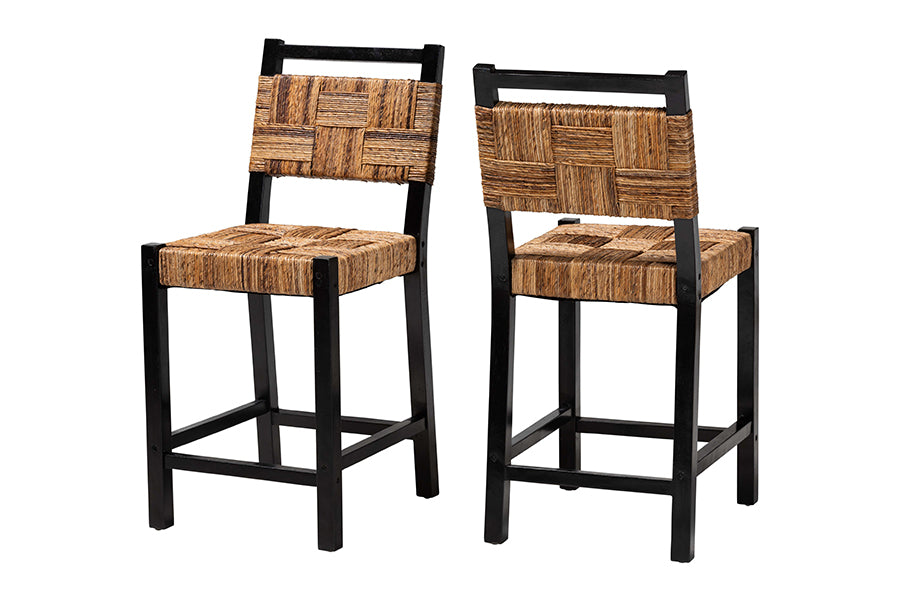 bali & pari Raniya Seagrass Counter Stool Set of 2 - Solid Mango Wood Frame with Woven Seat and Backrest, Rustic Boho Style Dining or Kitchen Island Seating,
