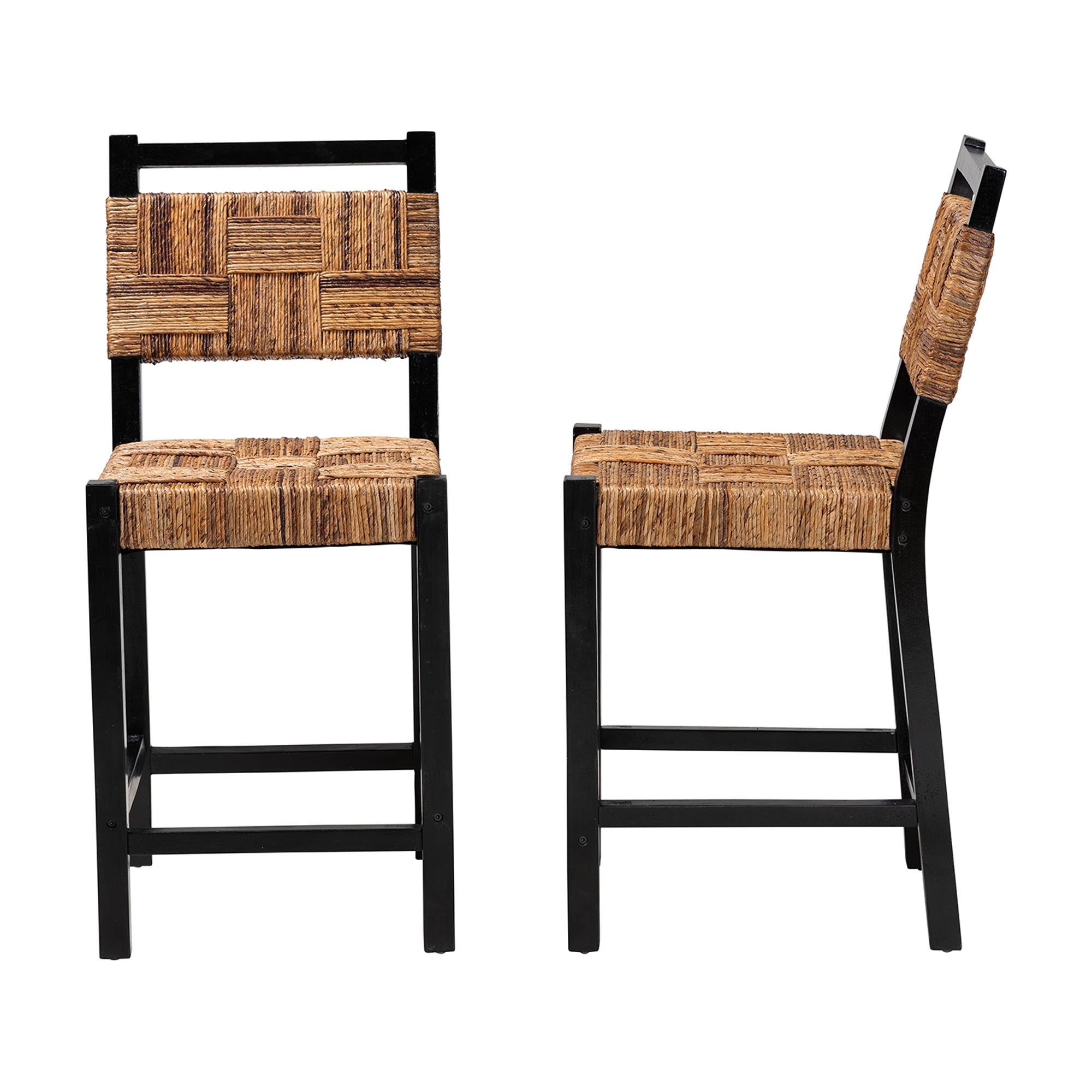 bali & pari Raniya Seagrass Counter Stool Set of 2 - Solid Mango Wood Frame with Woven Seat and Backrest, Rustic Boho Style Dining or Kitchen Island Seating,