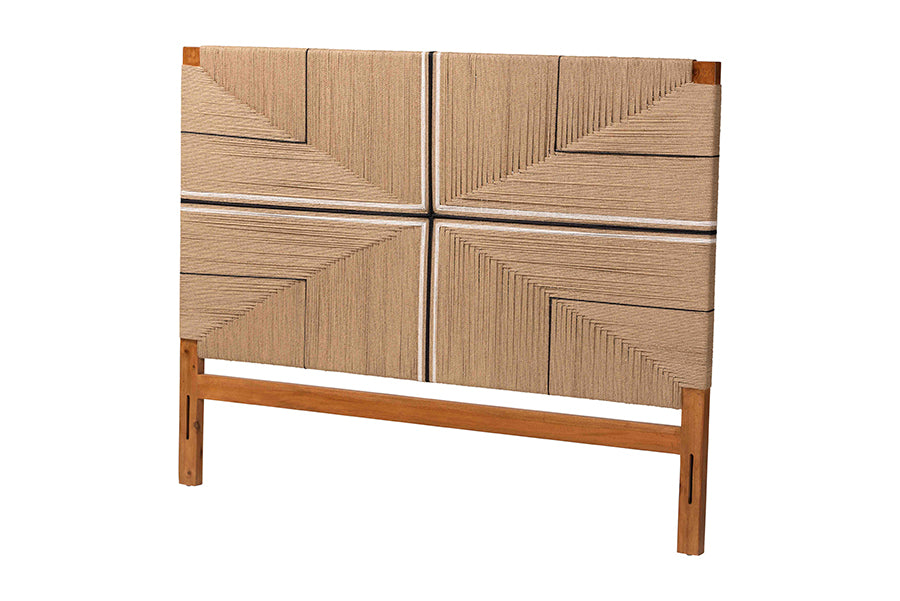 bali & pari Prita Paper Loom Headboard with Mahogany Wood Frame, Handwoven Bed Backrest Panel with Geometric Design, Boho Rustic Bedroom Accent,