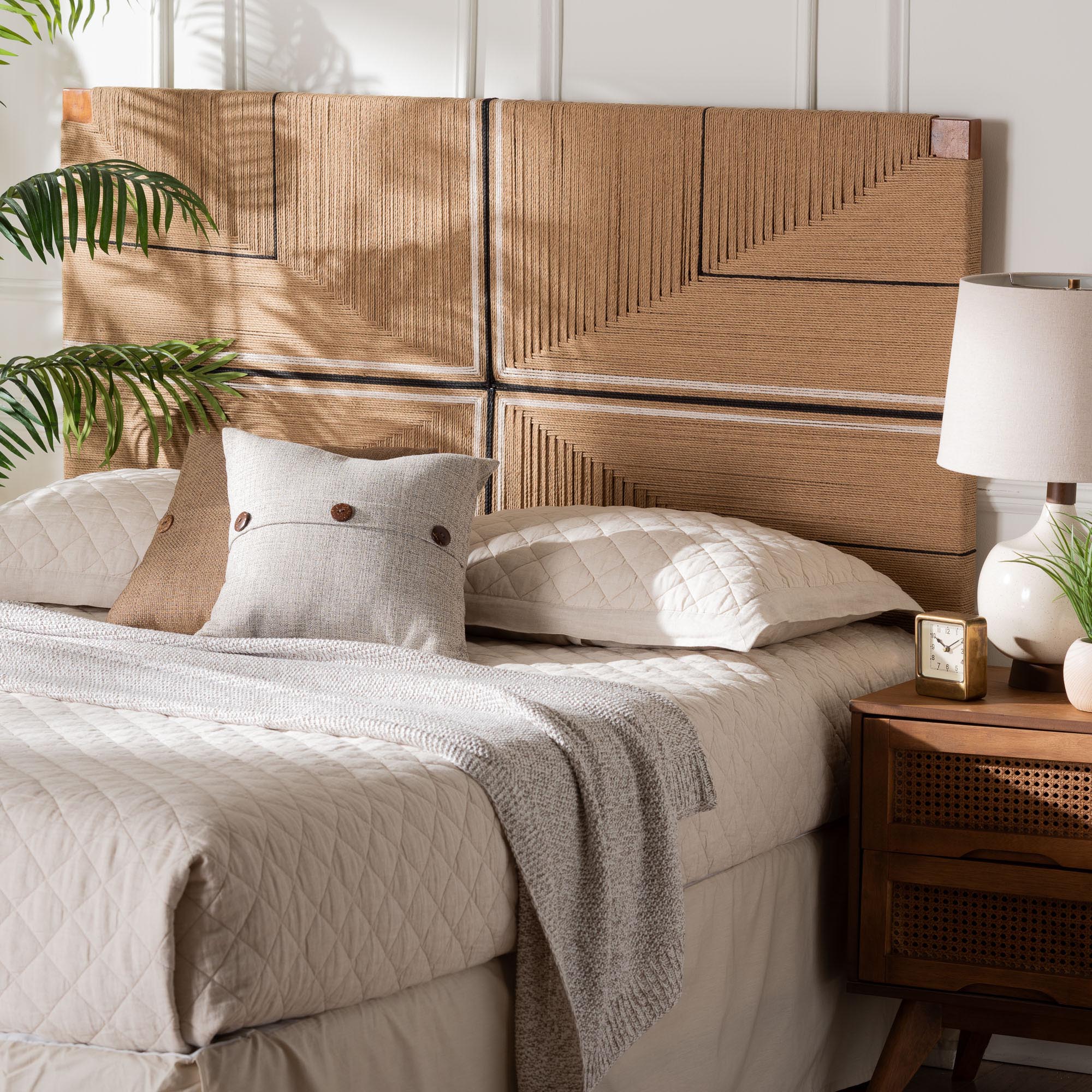 bali & pari Prita Paper Loom Headboard with Mahogany Wood Frame, Handwoven Bed Backrest Panel with Geometric Design, Boho Rustic Bedroom Accent,