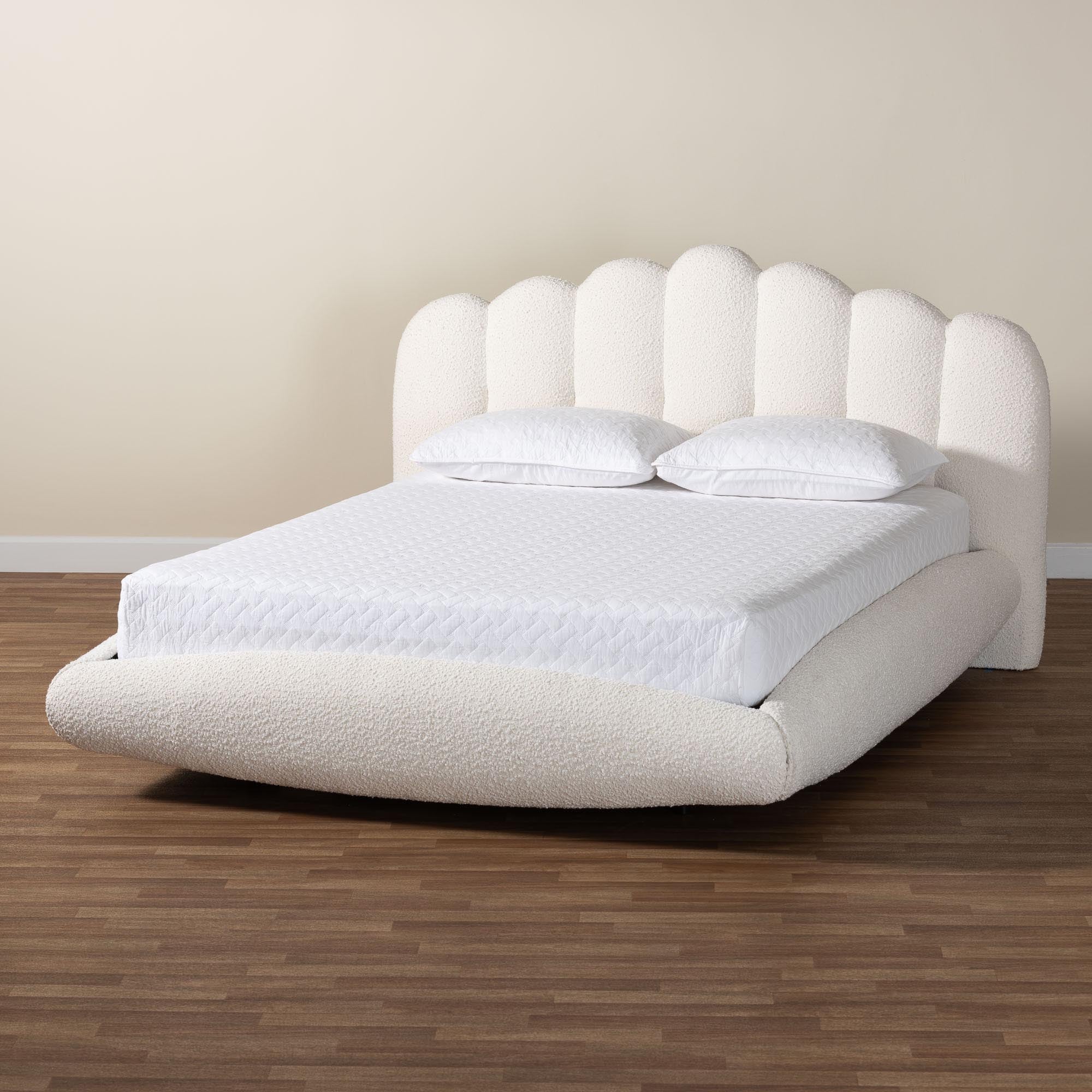 Grenier Modern Cream Boucle Fabric Floating Bed