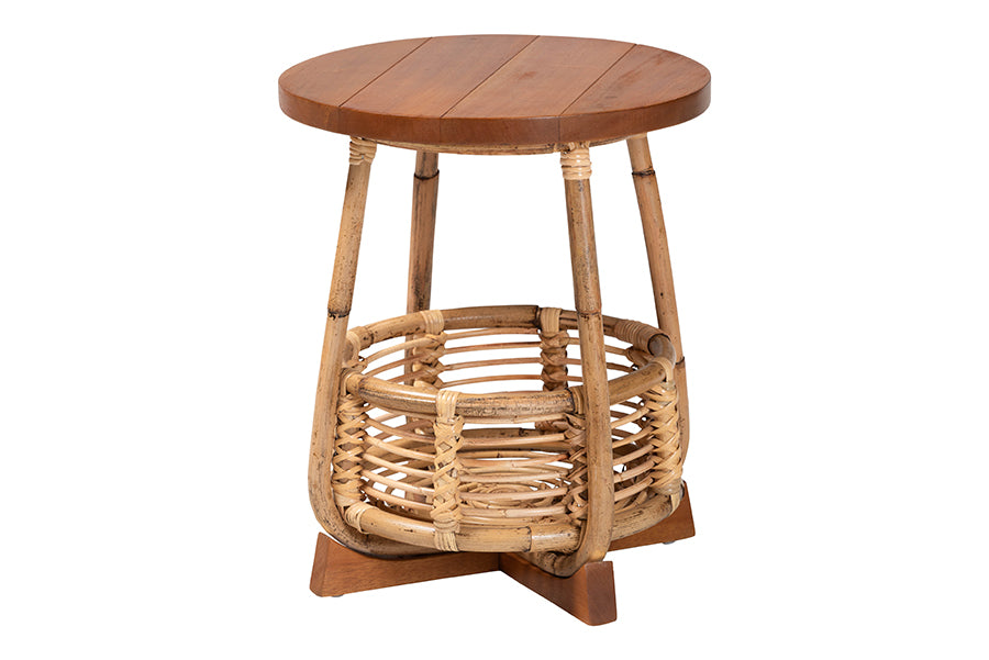 bali & pari Derenik Rattan and Mahogany Wood End Table - Boho Accent Side Table with Woven Basket Base, Coastal Style Nightstand or Living Room Table