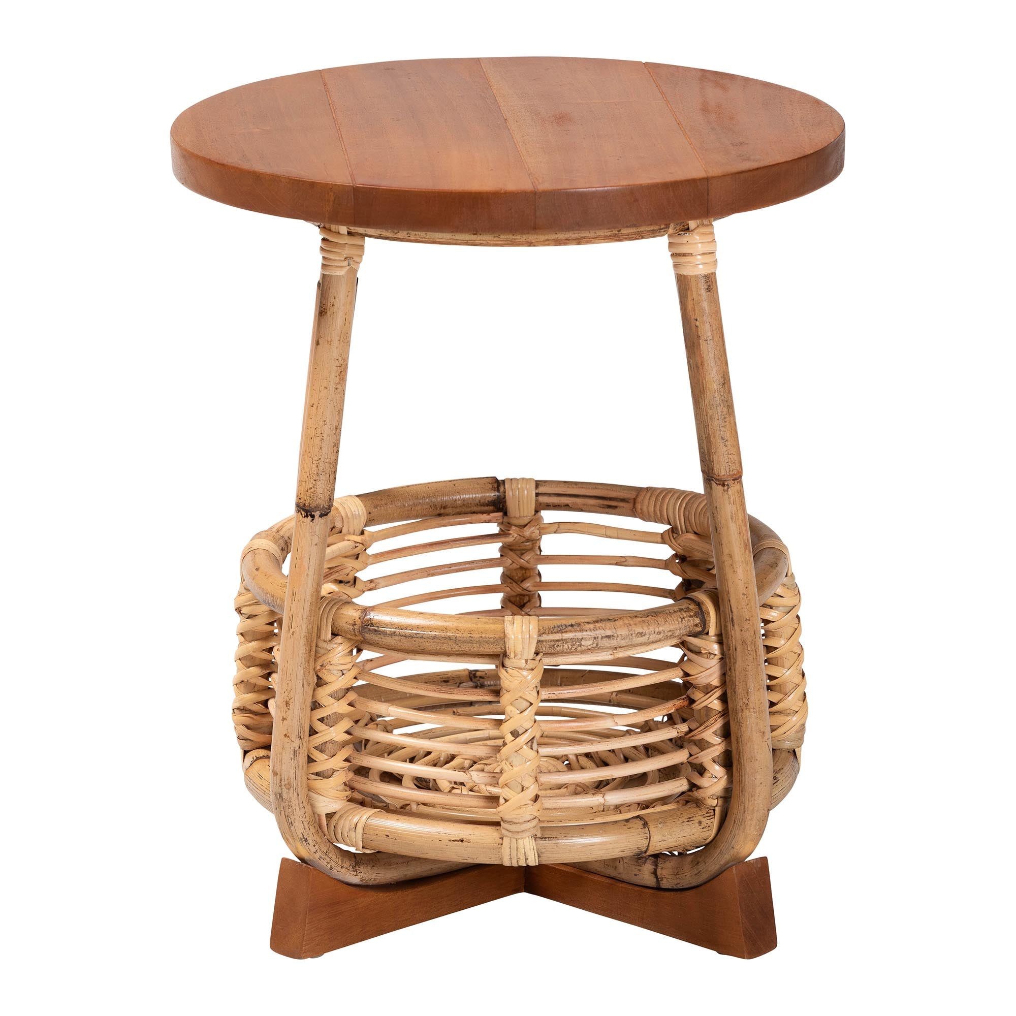 bali & pari Derenik Rattan and Mahogany Wood End Table - Boho Accent Side Table with Woven Basket Base, Coastal Style Nightstand or Living Room Table