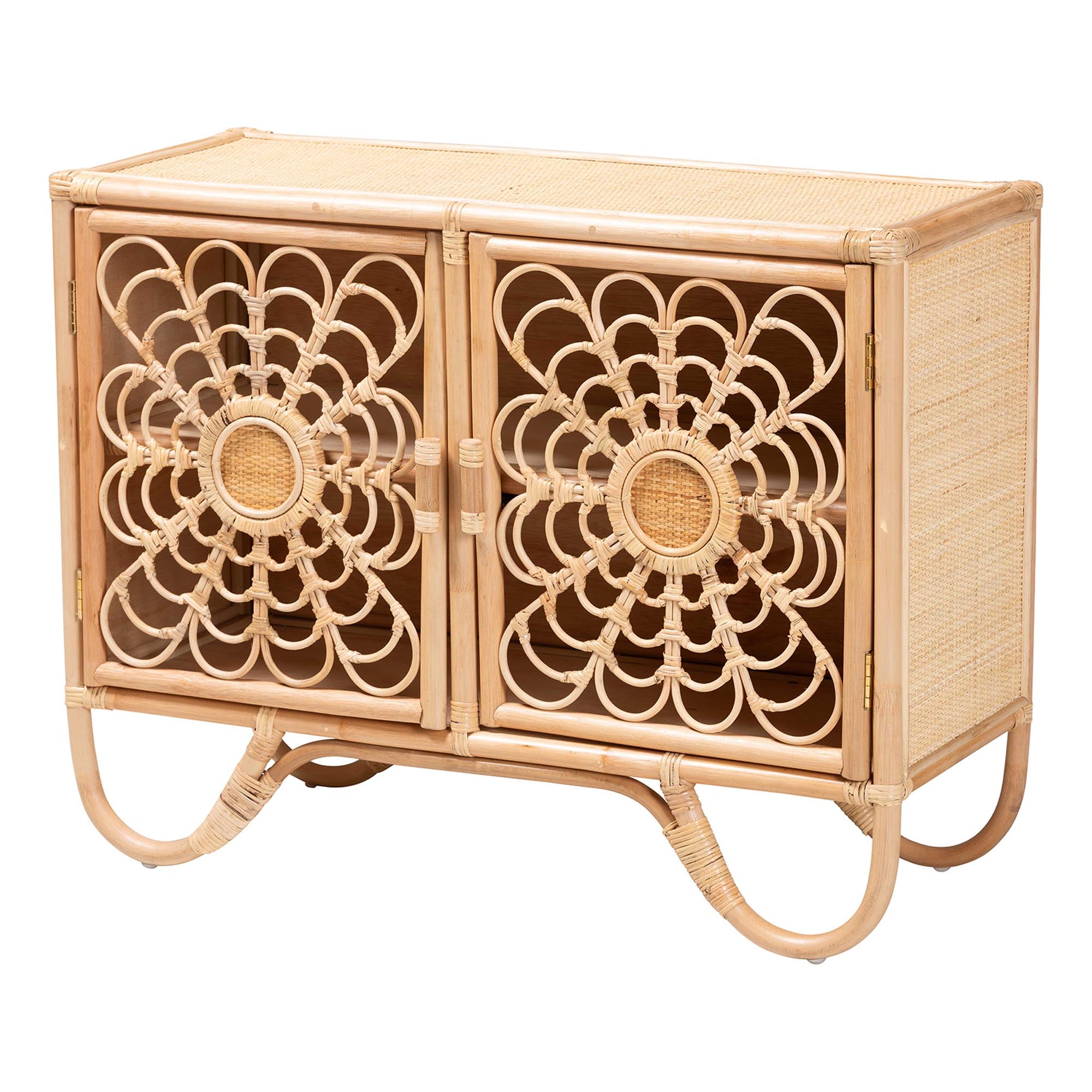 bali & pari Acelin Rattan Storage Cabinet - Handcrafted Boho Accent Console with Floral Woven Doors, Wicker Sideboard for Living Room or Entryway