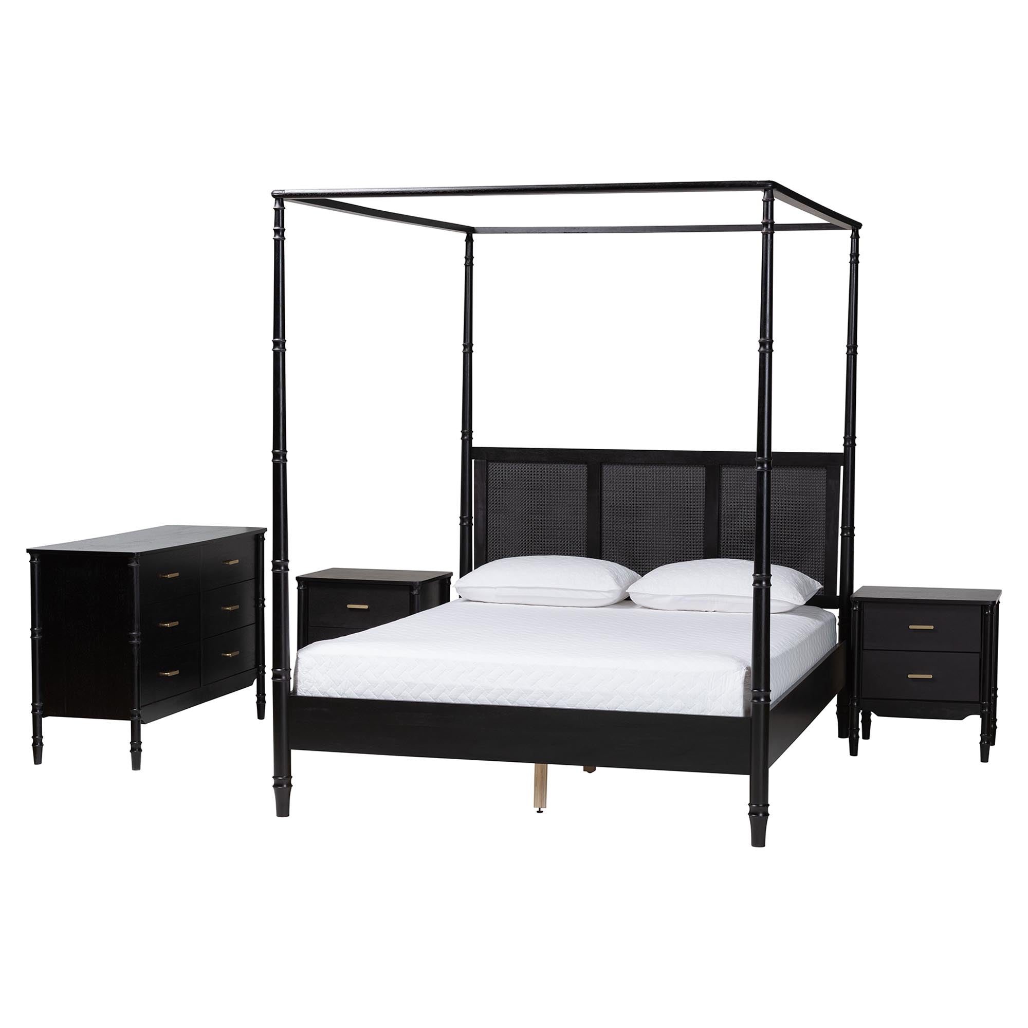 Marisela 4-Piece Bedroom Set - Canopy Bed with Synthetic Rattan Headboard, Matching Dresser and Two Nightstands, Modern Transitional Wood Bedroom Furniture Collection,