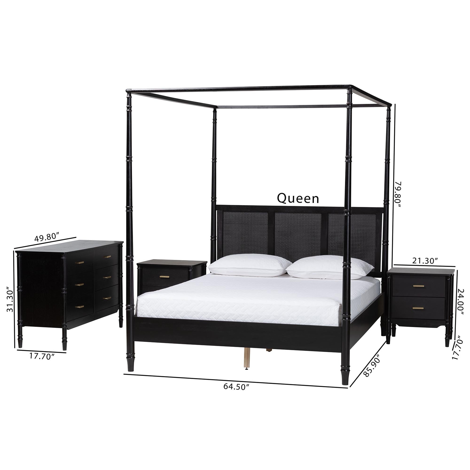 Marisela 4-Piece Bedroom Set - Canopy Bed with Synthetic Rattan Headboard, Matching Dresser and Two Nightstands, Modern Transitional Wood Bedroom Furniture Collection,