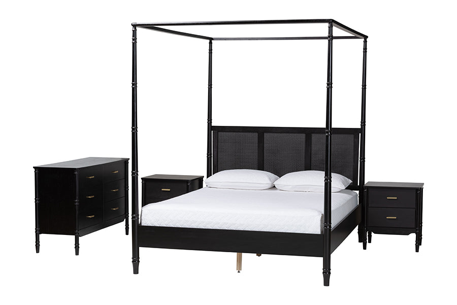 Marisela 4-Piece Bedroom Set - Canopy Bed with Synthetic Rattan Headboard, Matching Dresser and Two Nightstands, Modern Transitional Wood Bedroom Furniture Collection,