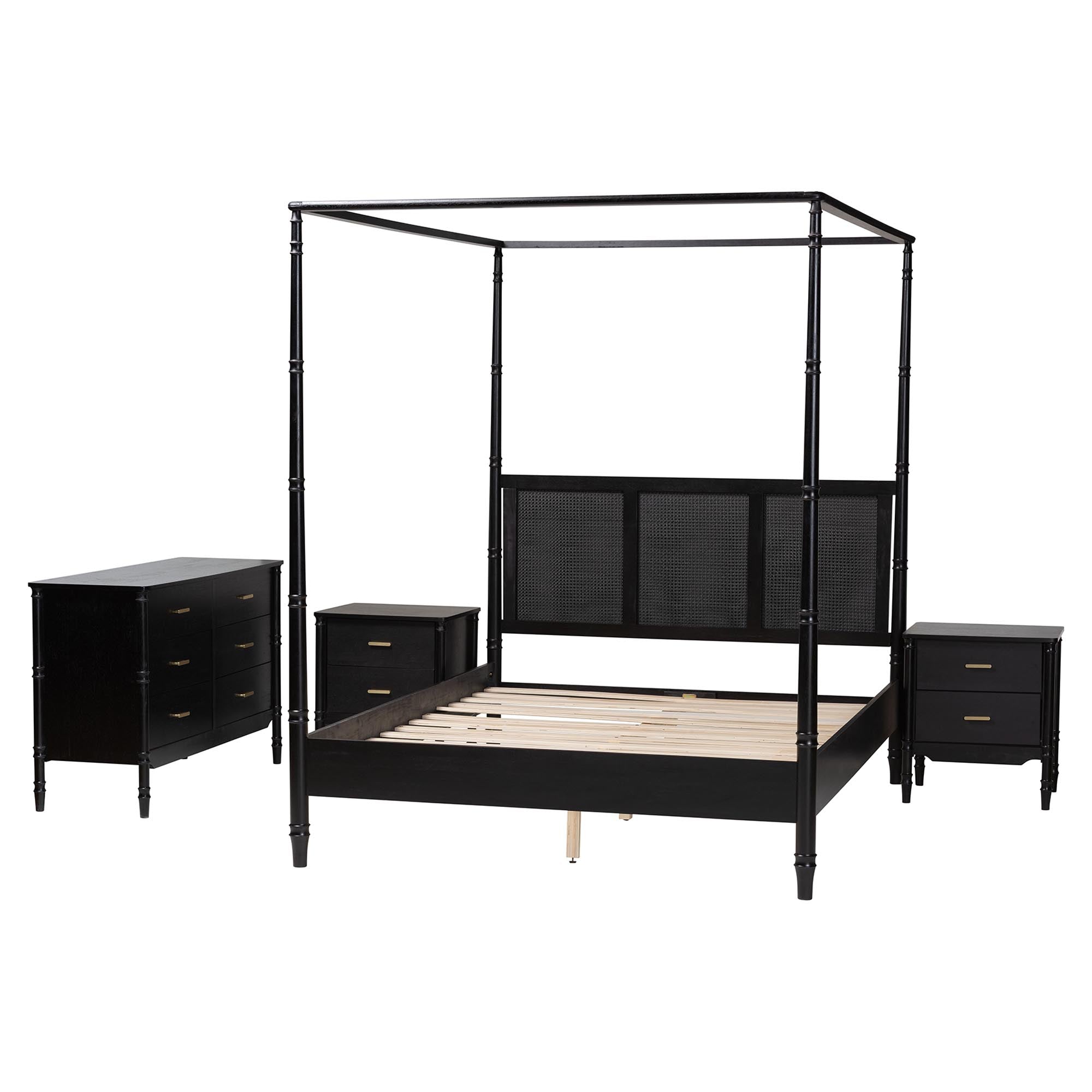 Marisela 4-Piece Bedroom Set - Canopy Bed with Synthetic Rattan Headboard, Matching Dresser and Two Nightstands, Modern Transitional Wood Bedroom Furniture Collection,