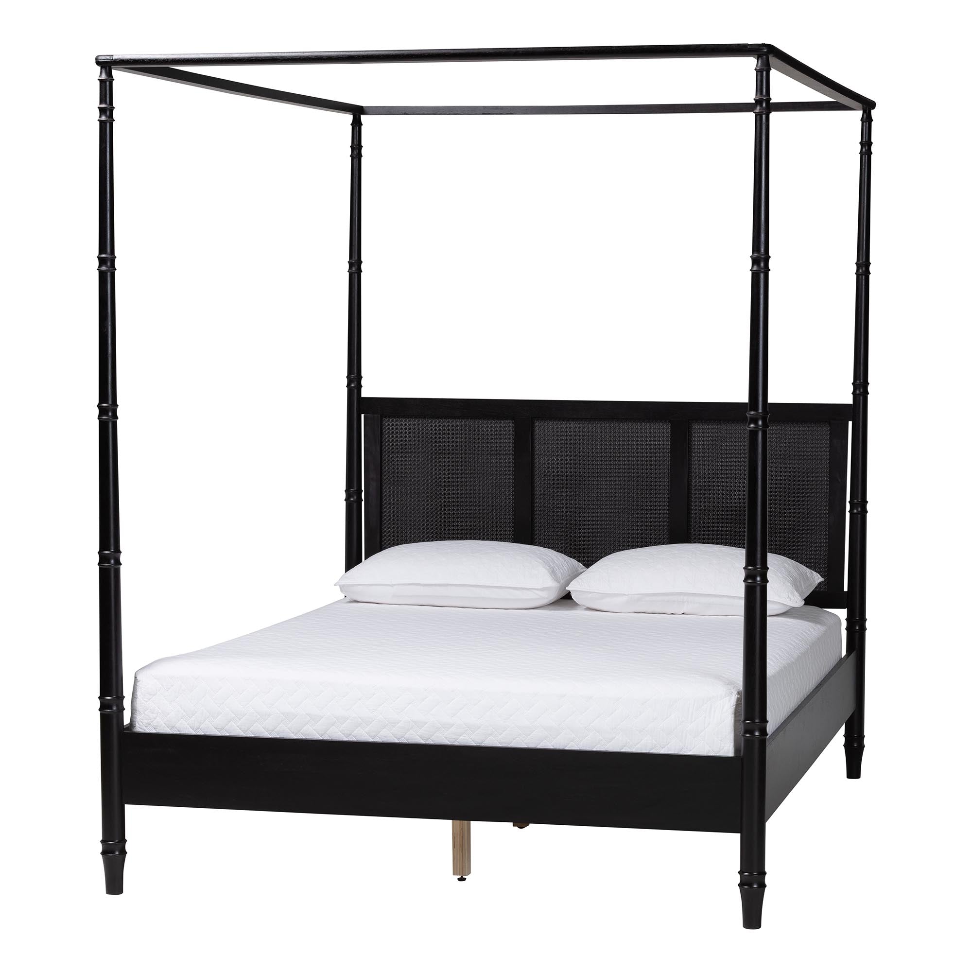 Marisela 4-Piece Bedroom Set - Canopy Bed with Synthetic Rattan Headboard, Matching Dresser and Two Nightstands, Modern Transitional Wood Bedroom Furniture Collection,