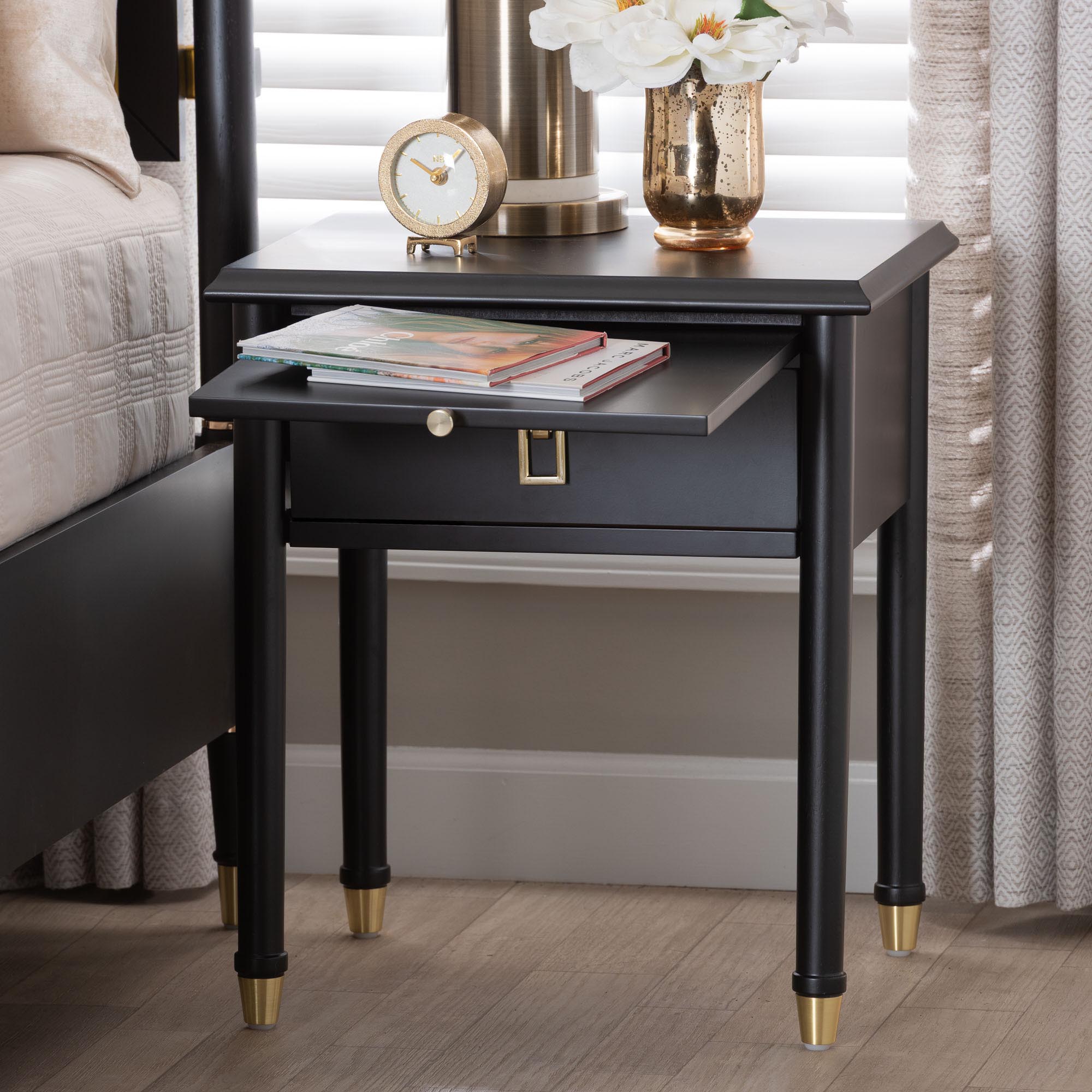 Tamra Wood Nightstand with Pullout Shelf - Modern Transitional Bedside Table with Metallic Accents
