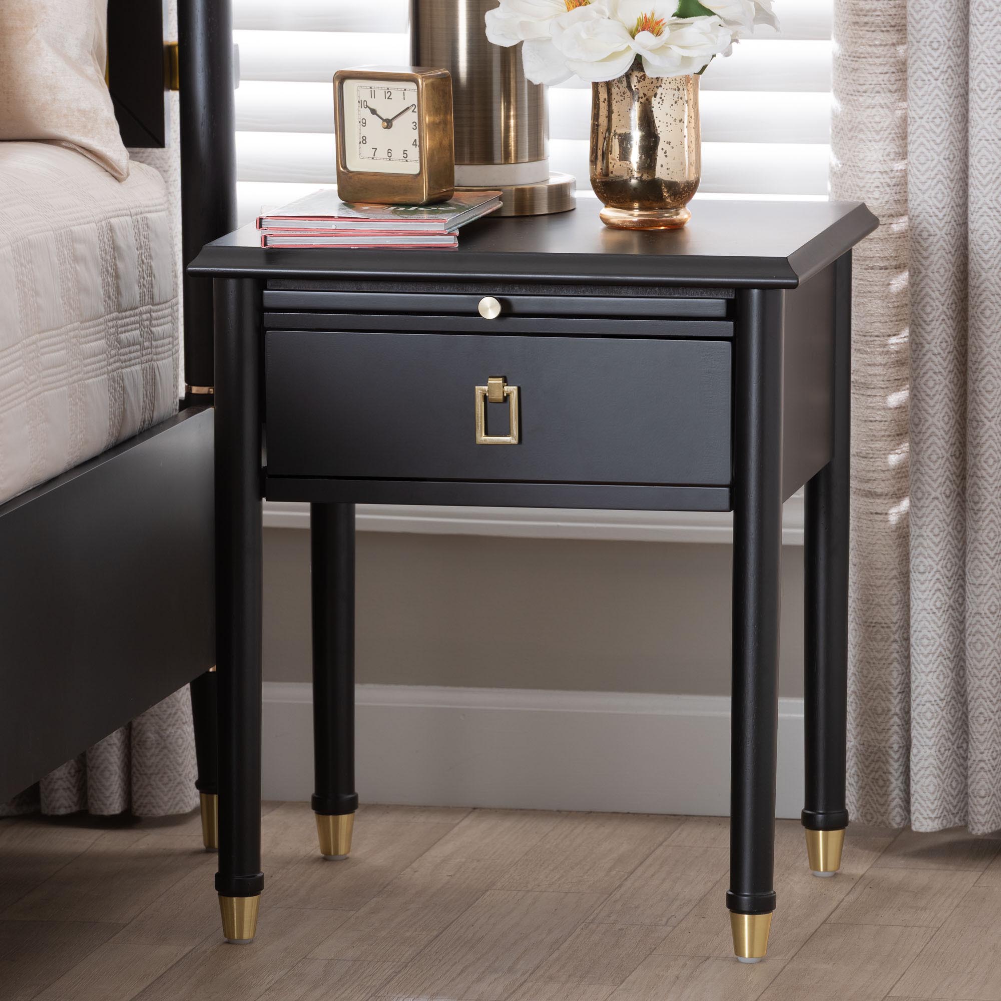 Tamra Wood Nightstand with Pullout Shelf - Modern Transitional Bedside Table with Metallic Accents