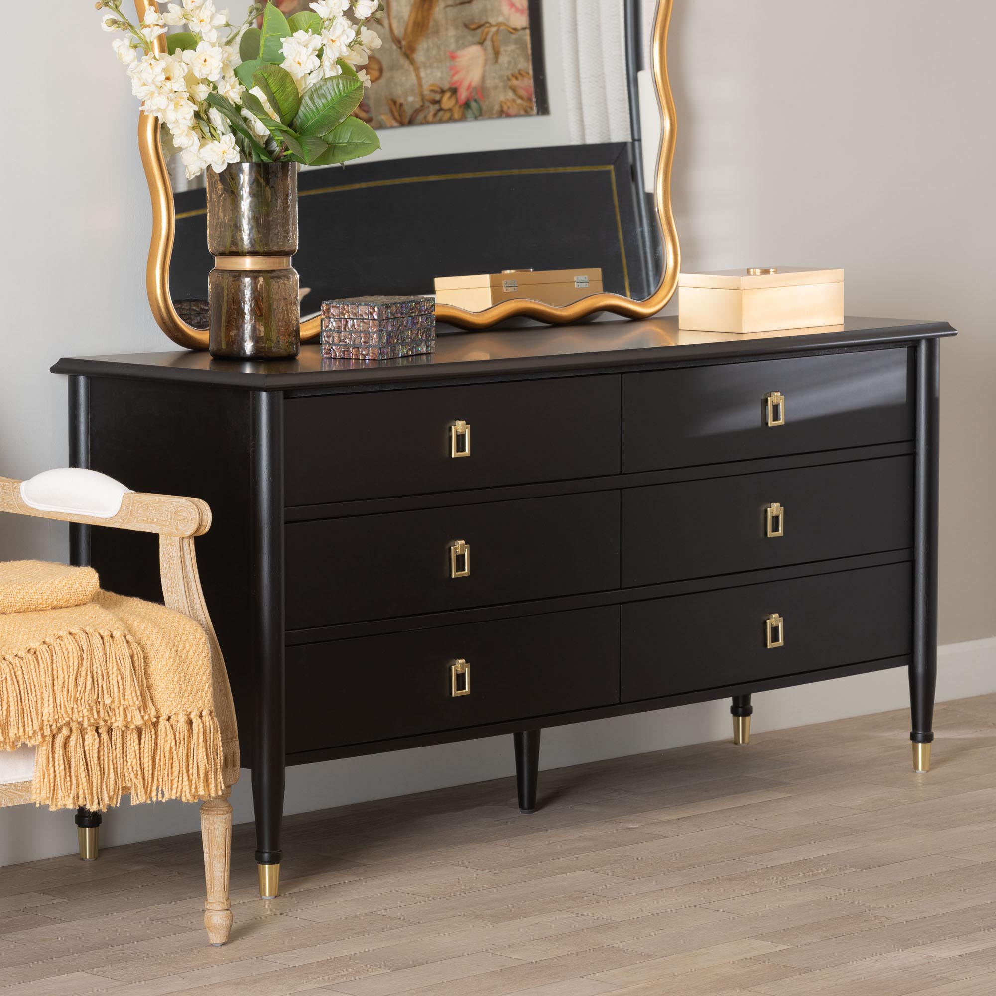 Tamra Wood Dresser with Drawers - Bedroom Storage Unit with Metallic Accents, 6-Drawer Modern Transitional Bedroom Storage Solution