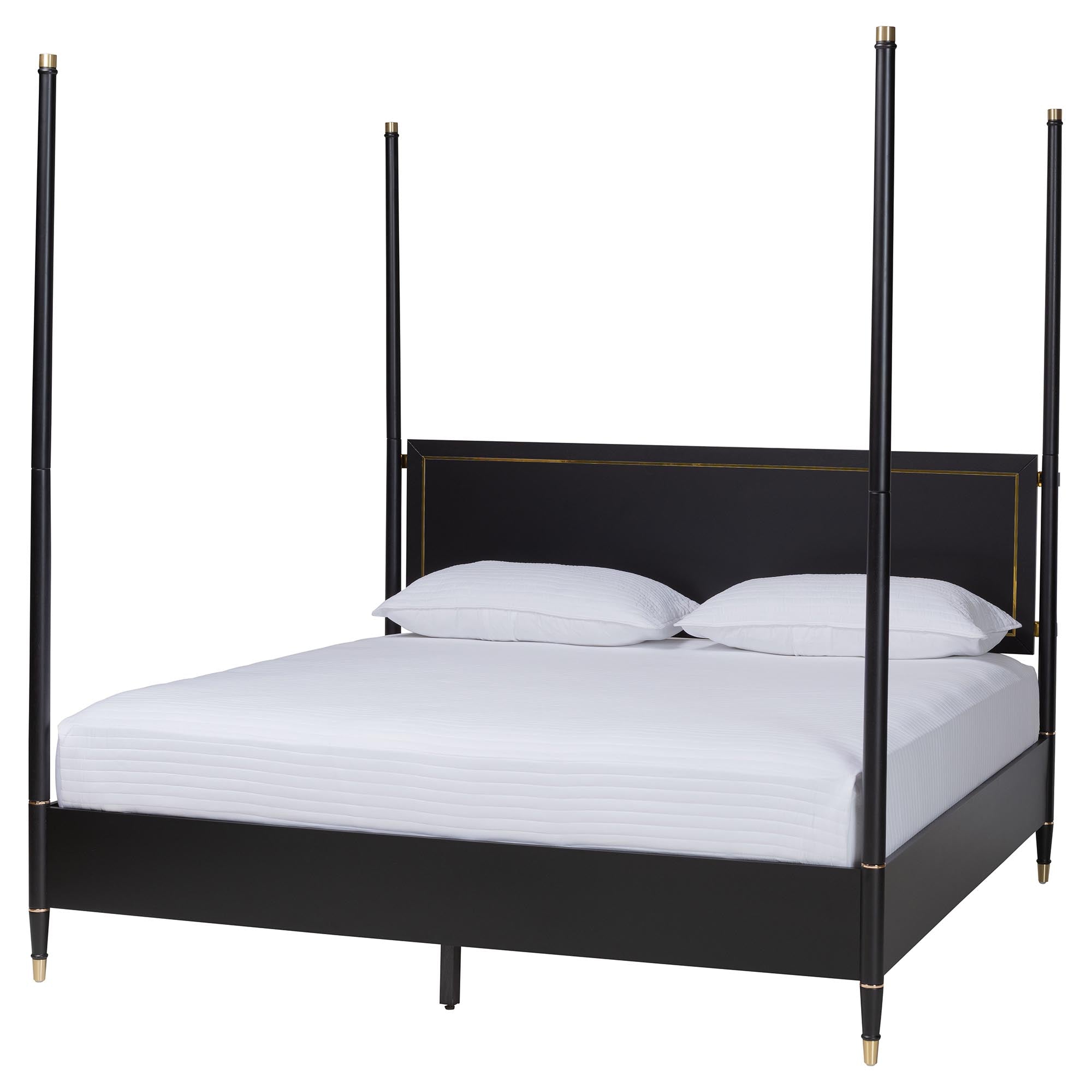 Tamra Four-Poster Platform Bed - Wood Bed Frame with Metallic Trim and Capped Legs, Modern Transitional Bedroom Furniture,