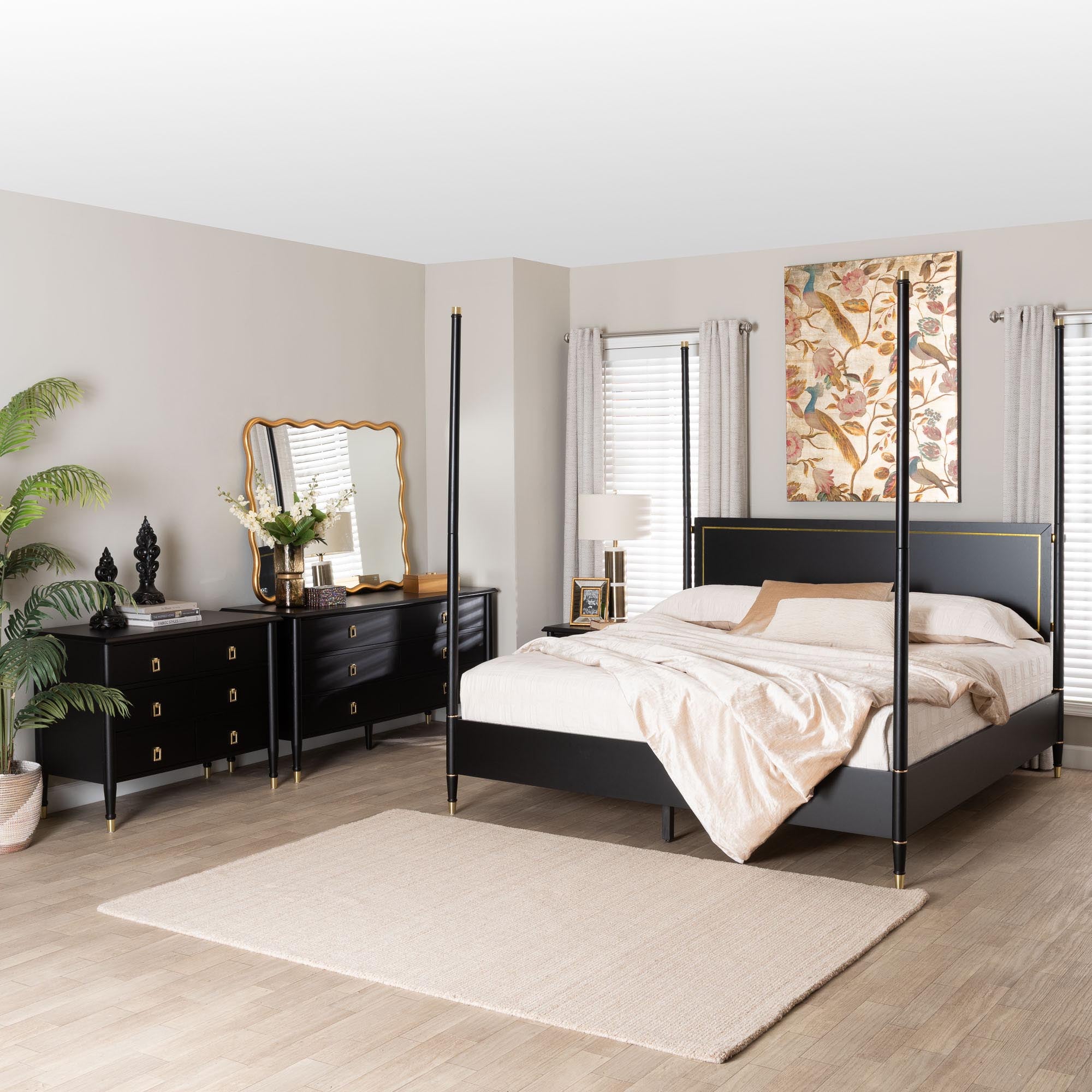 Tamra Four-Poster Platform Bedroom Set - Wood Bed Frame with Matching Dresser, Chest and Nightstand, Modern Transitional Bedroom Furniture,