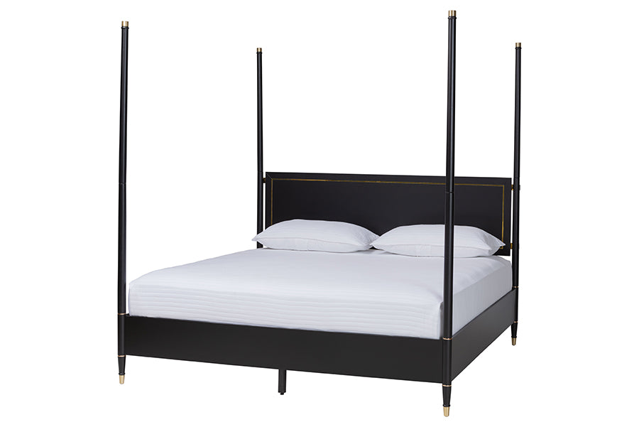 Tamra Four-Poster Platform Bed - Wood Bed Frame with Metallic Trim and Capped Legs, Modern Transitional Bedroom Furniture,