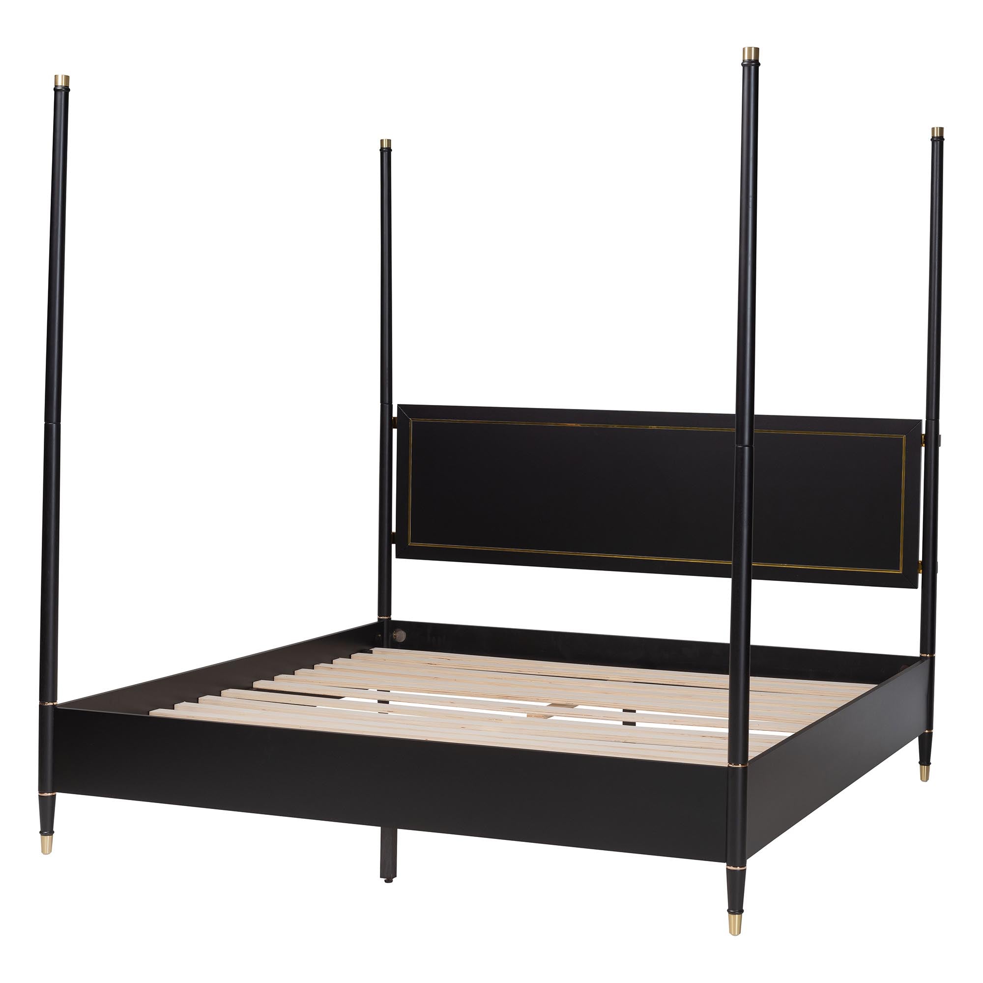 Tamra Four-Poster Platform Bed - Wood Bed Frame with Metallic Trim and Capped Legs, Modern Transitional Bedroom Furniture,