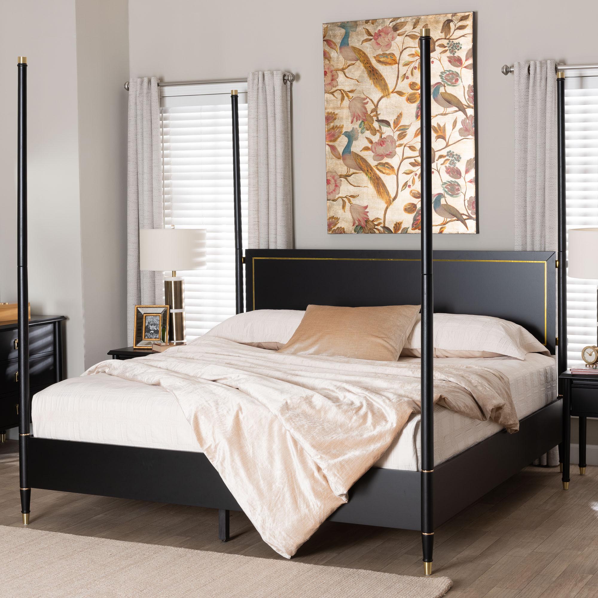 Tamra Four-Poster Platform Bed - Wood Bed Frame with Metallic Trim and Capped Legs, Modern Transitional Bedroom Furniture,