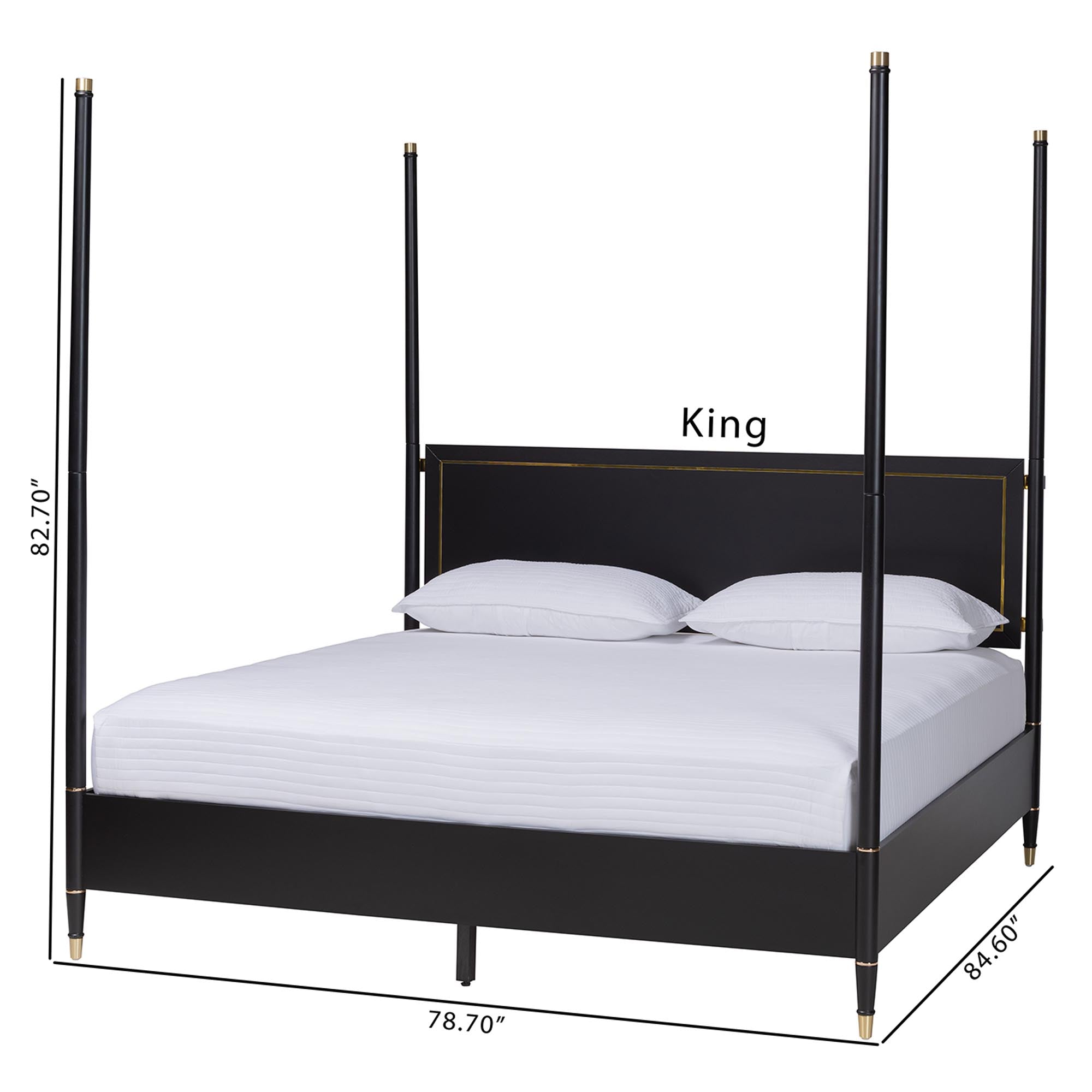 Tamra Four-Poster Platform Bed - Wood Bed Frame with Metallic Trim and Capped Legs, Modern Transitional Bedroom Furniture,